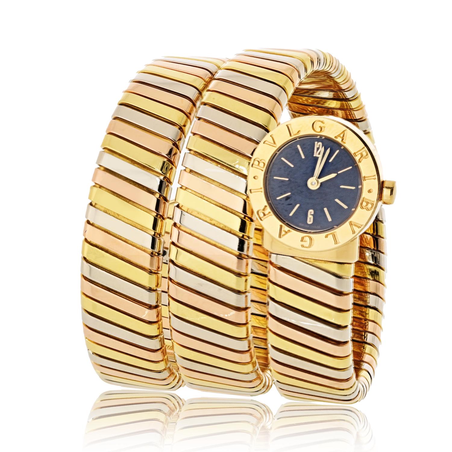 Montre Bvlgari 18K Tri Color BB191T Tricolor Tubogas.

Ce garde-temps est devenu emblématique presque en même temps qu'il est sorti. Aujourd'hui, après tant d'années, la maison Bvlgari ramène ce modèle particulier. Extrêmement difficile à trouver