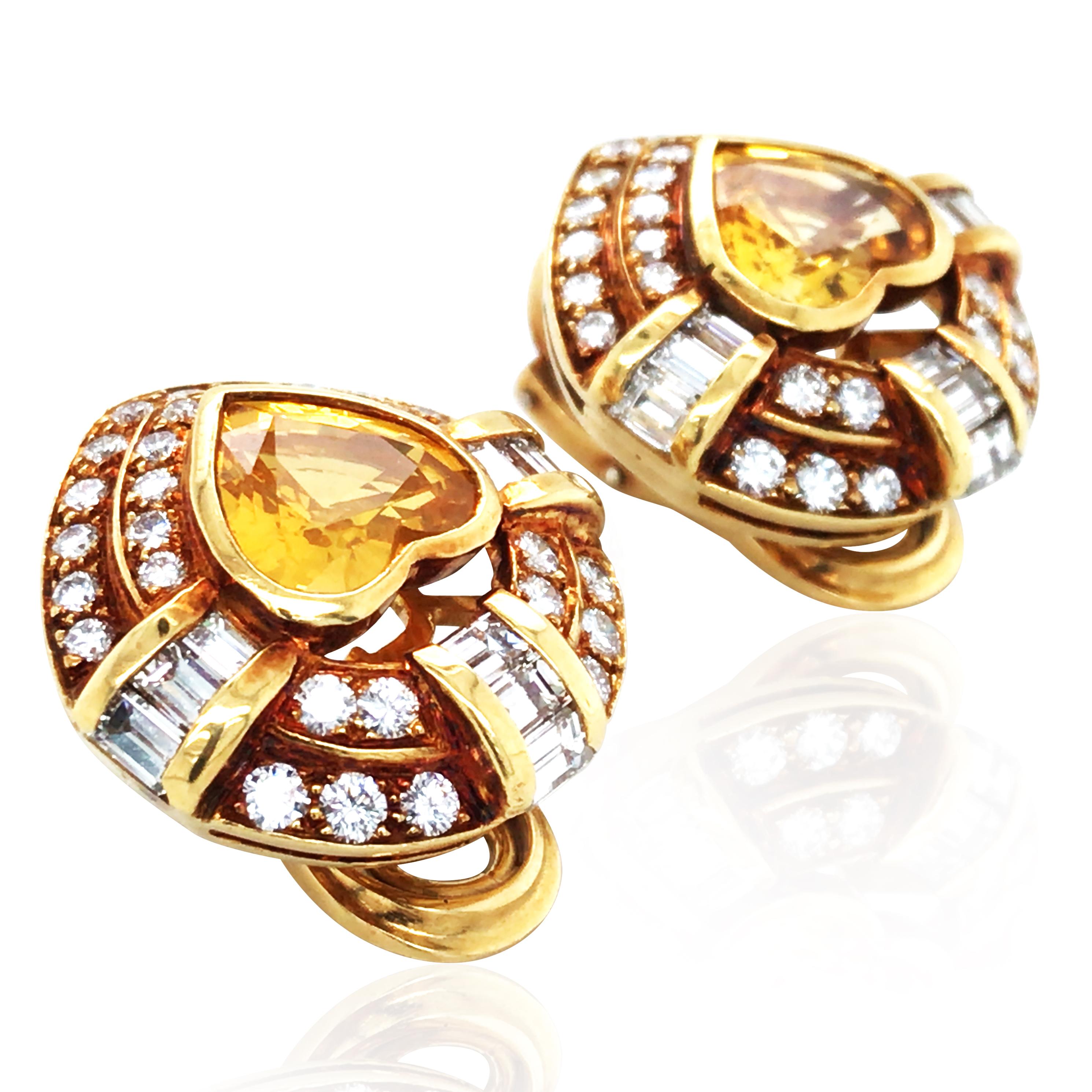 60 round diamonds, 18 emerald-cut diamonds, total approx. 3.8ct.  The heart-shaped yellow sapphires measuring approx. 9.71 x 9.25 x 4.98mm. Clip back. Stamp: 
