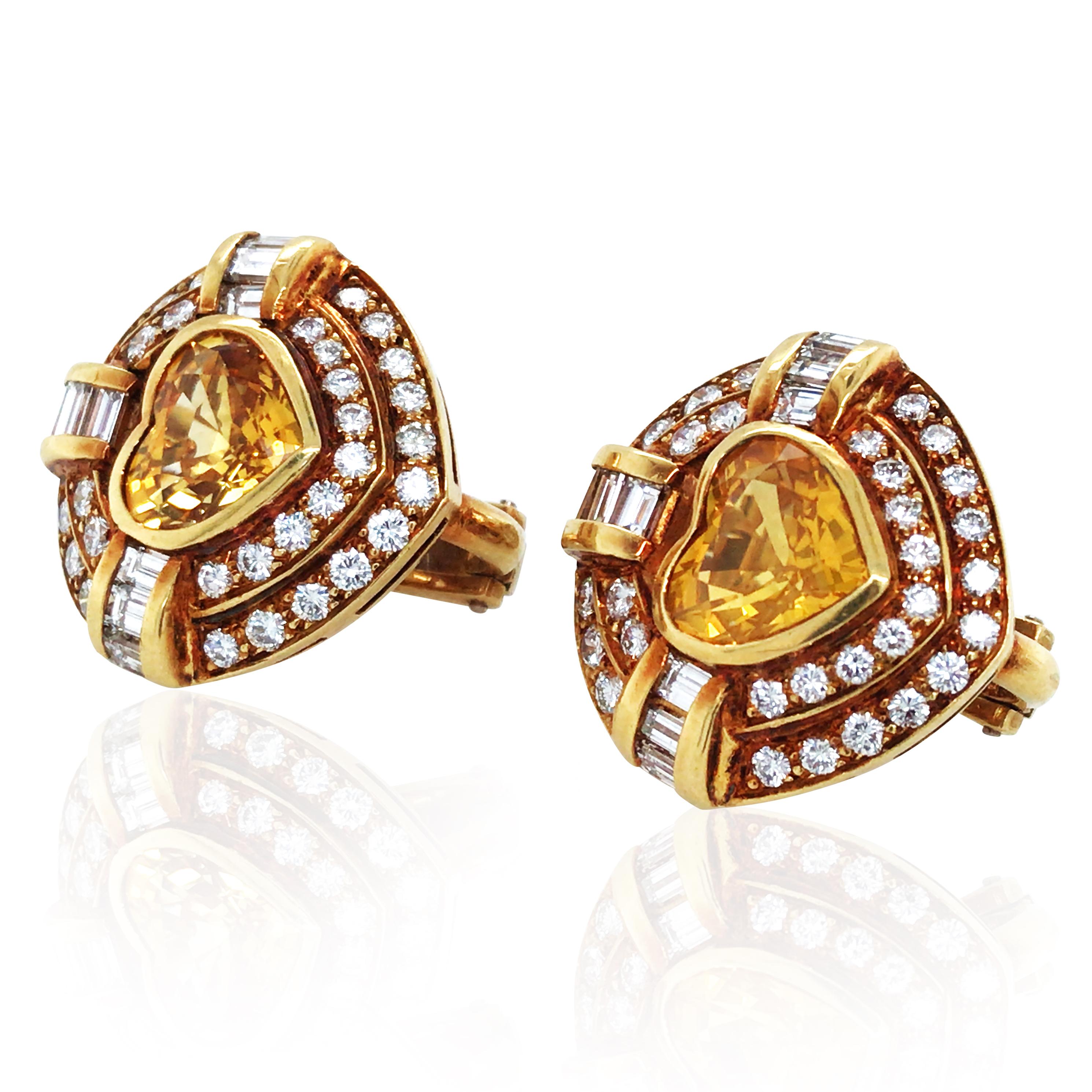Heart Cut Bvlgari, 18K Gold Yellow Sapphire Diamond Earrings For Sale