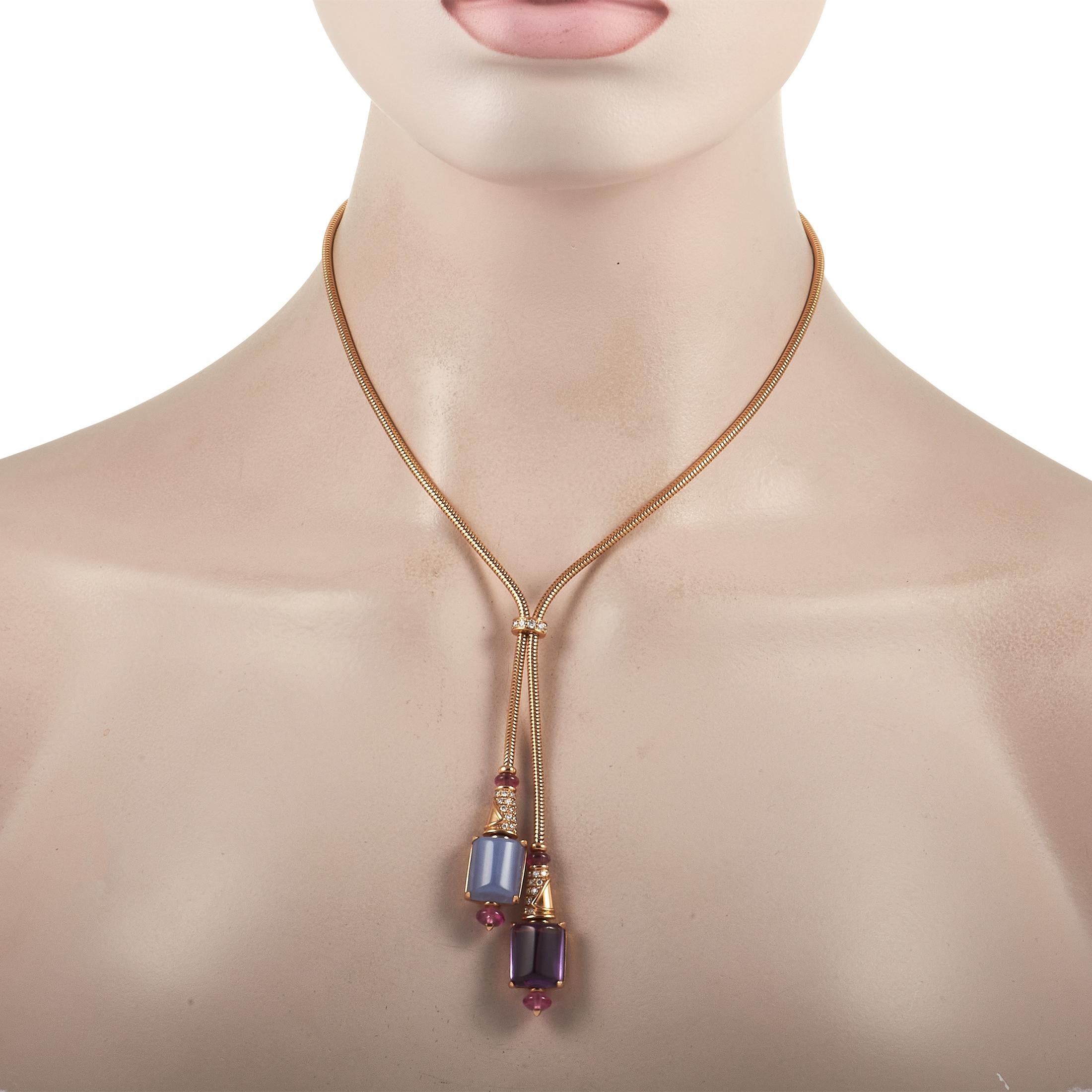 You’ll always make a statement when you have on this remarkable necklace from Bvlgari. Suspended from a sleek 18K Rose Gold chain measuring 16” long, you’ll find a dramatic pair of pendants that together measure 3.75” long and 0.75” wide.