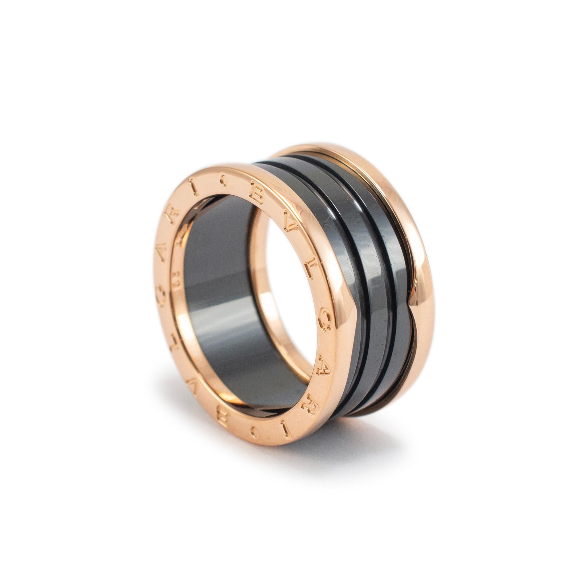 Brand: Bvlgari

Gender: Men

Metal Type: 18k Rose Gold

Ring Size: 10

Width: 12.00 mm

Weights: 11.78 grams

Men's 18K rose gold and ceramic, band with a comfort-fit shank. The metal was tested and determined to be 18K rose gold. Engraved with 