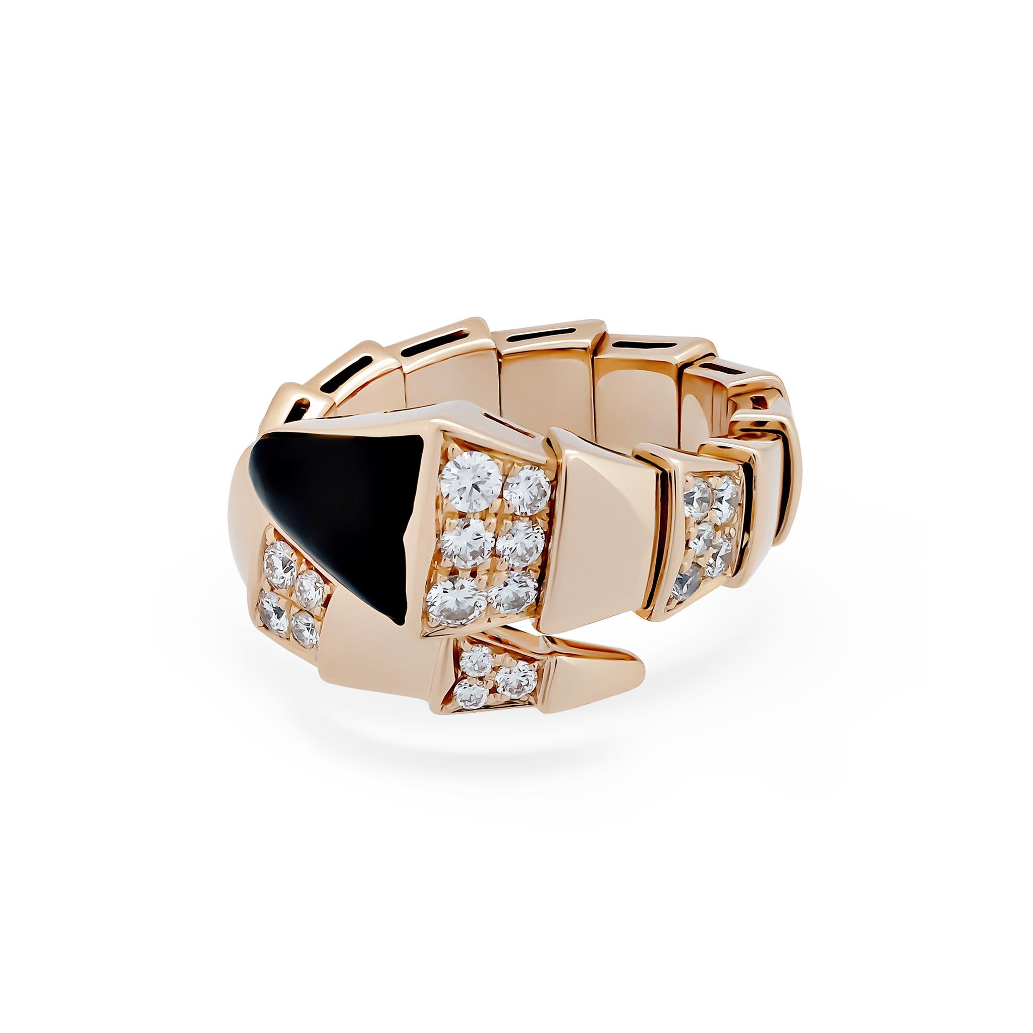 Bvlgari 18 Karat Rose Gold Diamond Onyx Serpenti Ring In Excellent Condition In New York, NY