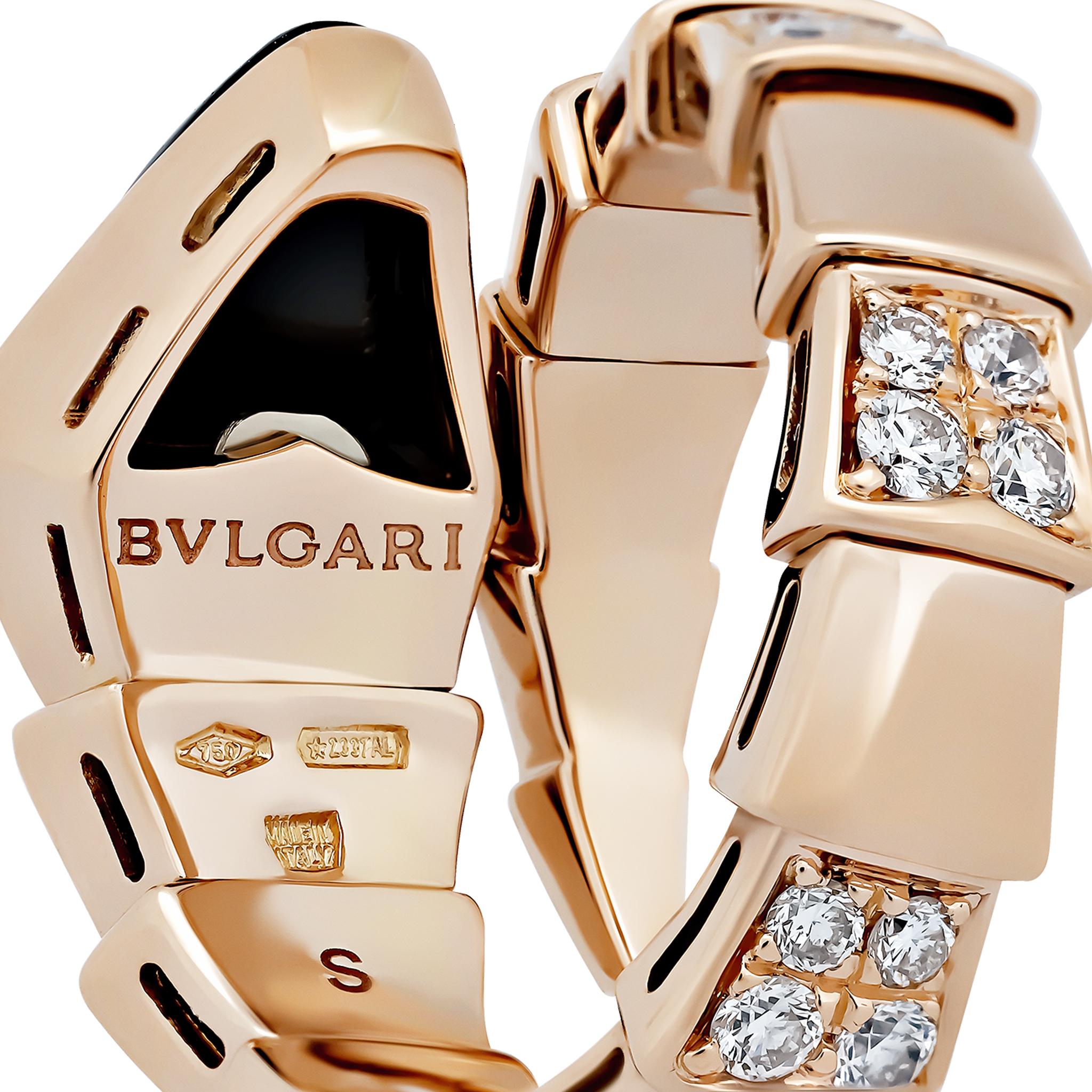 Women's Bvlgari 18 Karat Rose Gold Diamond Onyx Serpenti Ring
