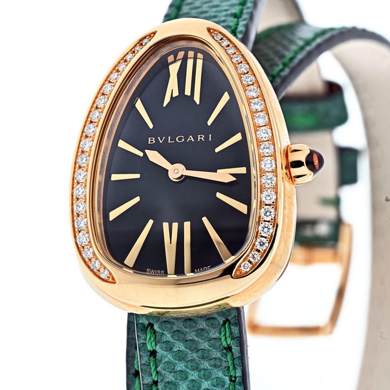 Modern Bvlgari 18K Rose Gold Diamond Serpenti on a Green Leather Strap Watch For Sale