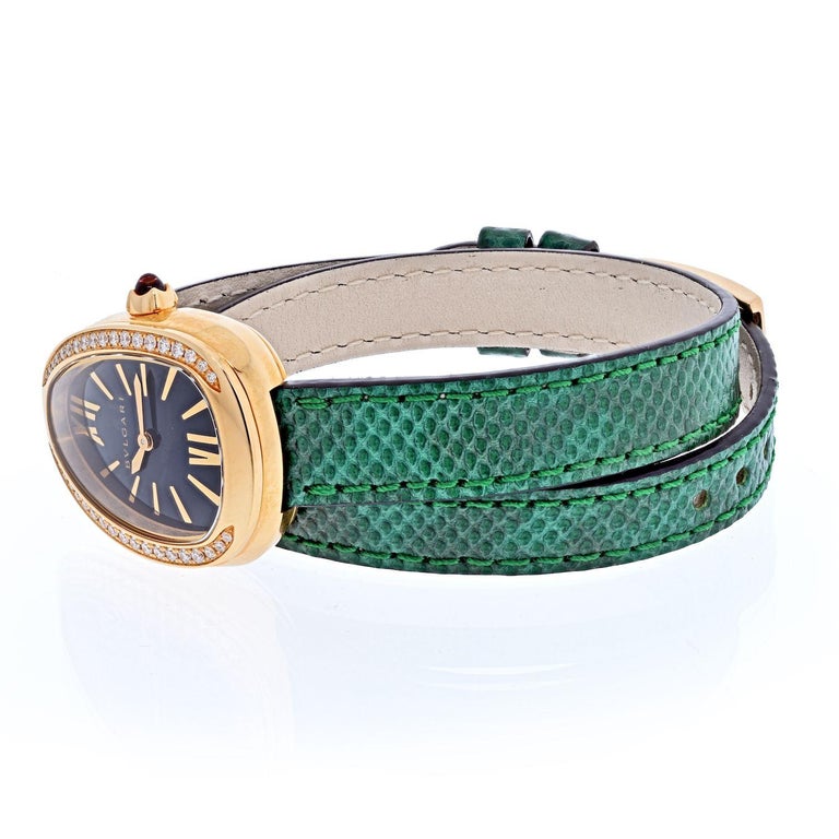 Round Cut Bvlgari 18K Rose Gold Diamond Serpenti on a Green Leather Strap Watch For Sale