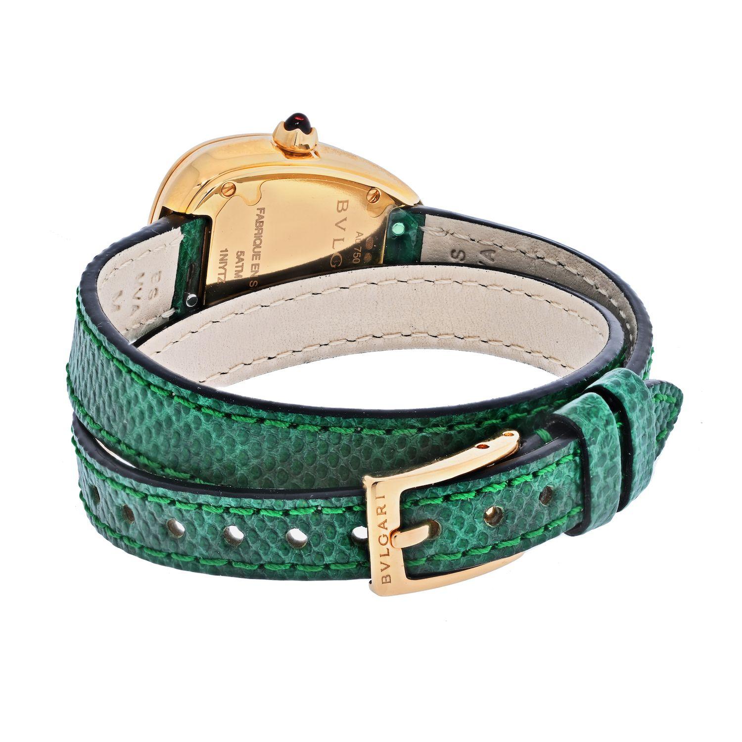 Modern Bvlgari 18K Rose Gold Diamond Serpenti on a Green Leather Strap Watch
