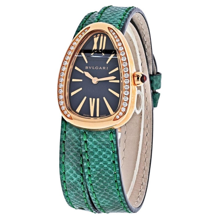 Bvlgari 18K Rose Gold Diamond Serpenti on a Green Leather Strap Watch For Sale