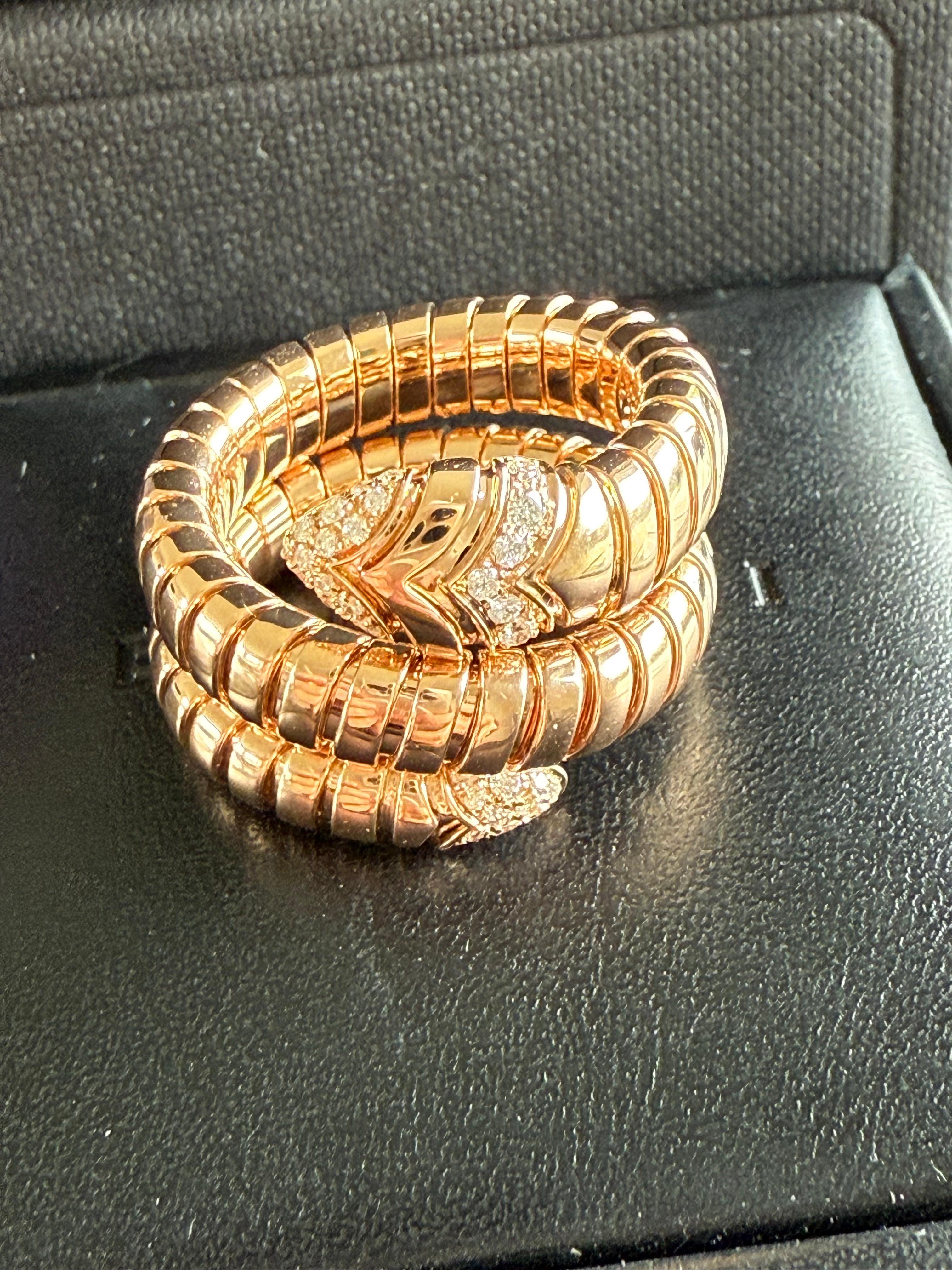 Bvlgari 18K Rose Gold Diamond Serpenti Tubogas Band Ring Large Size For Sale 8