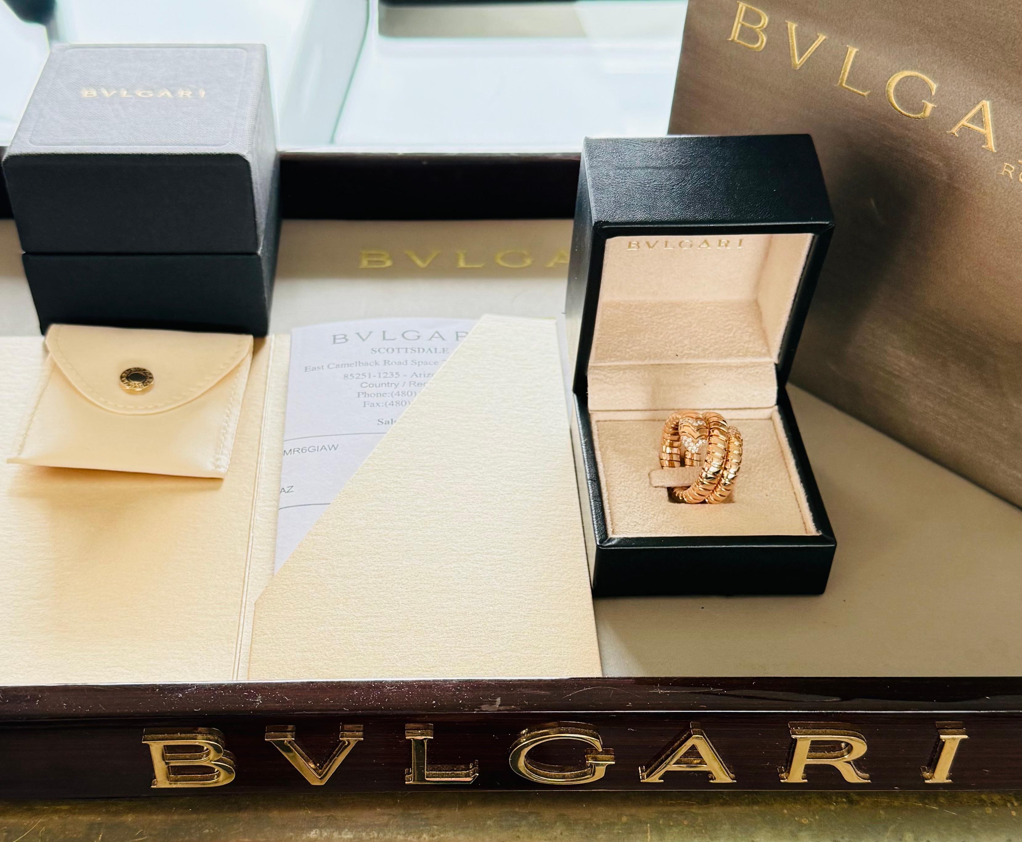BVLGARI Diamond Tubogas Serpenti Ring 
 18k rose gold ring from the Serpenti collection by Bulgari.  The ring is a size L . (US SIZE 7 TO 8) as it is slightly flexible).  The ring is 18mm wide and weighs 19 grams with Diamonds
A Rare to find! 
This