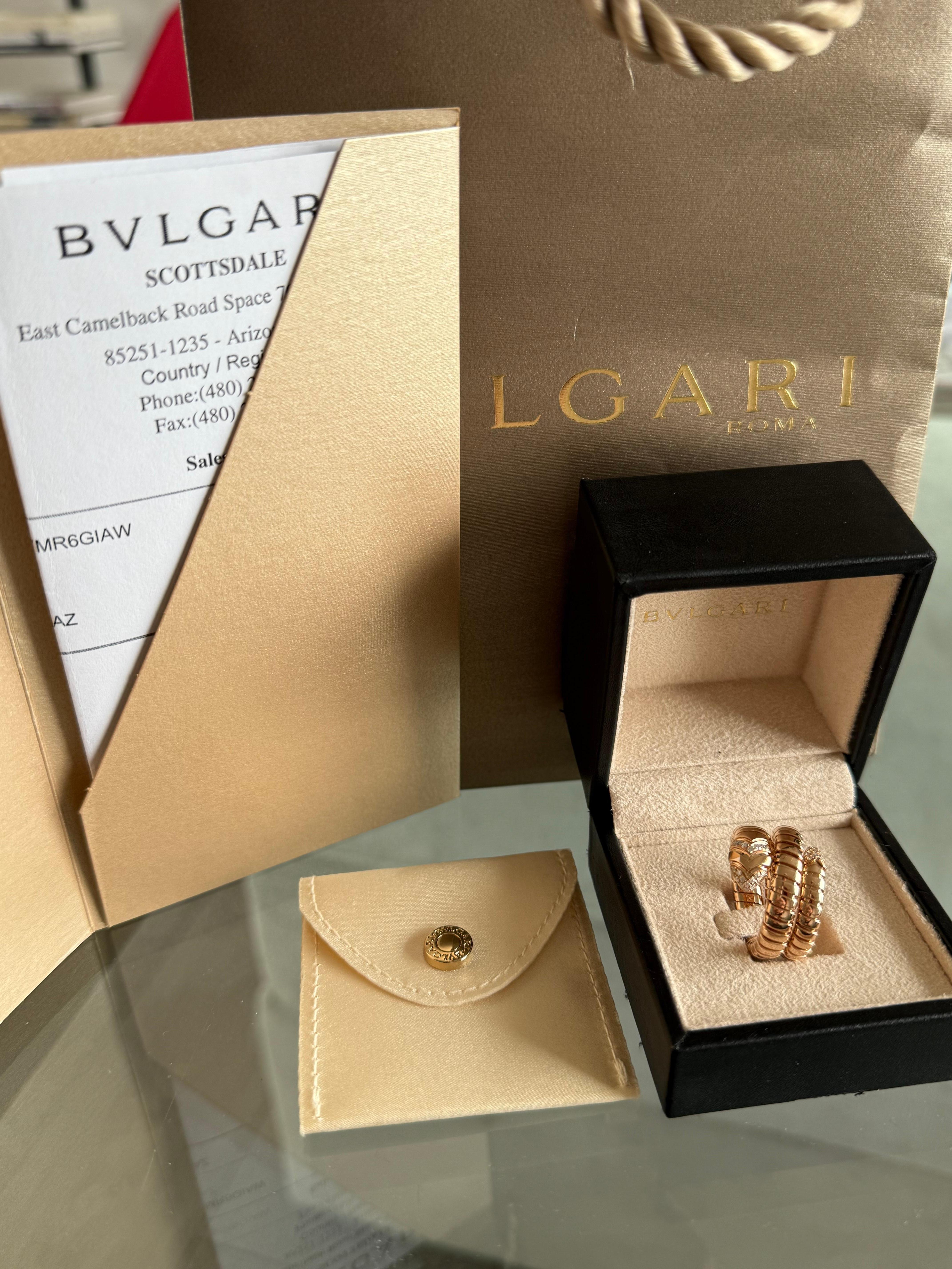 Brilliant Cut Bvlgari 18K Rose Gold Diamond Serpenti Tubogas Band Ring Large Size For Sale
