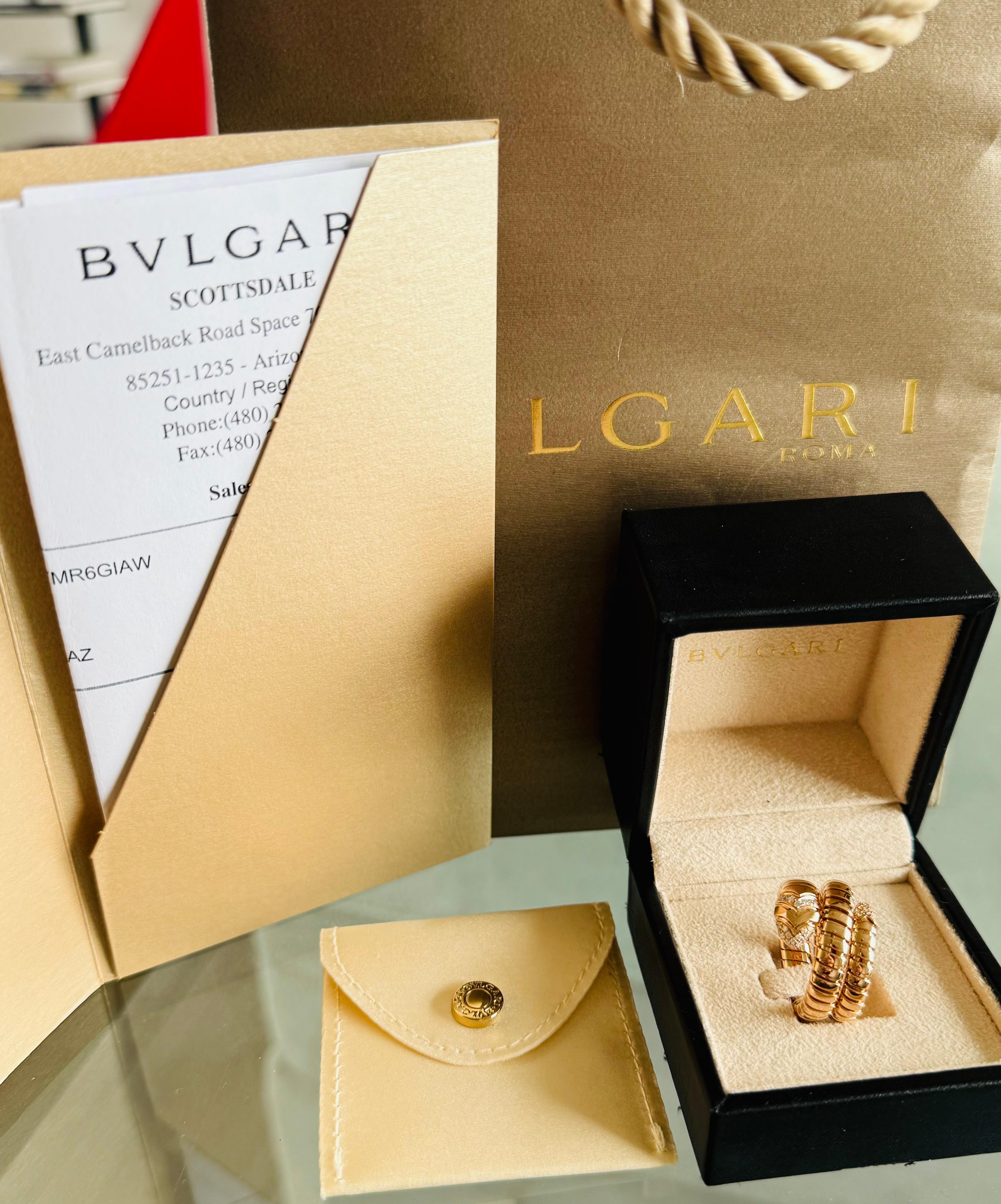 Bvlgari 18K Rose Gold Diamond Serpenti Tubogas Band Ring Large Size In Good Condition For Sale In Beverly Hills, CA