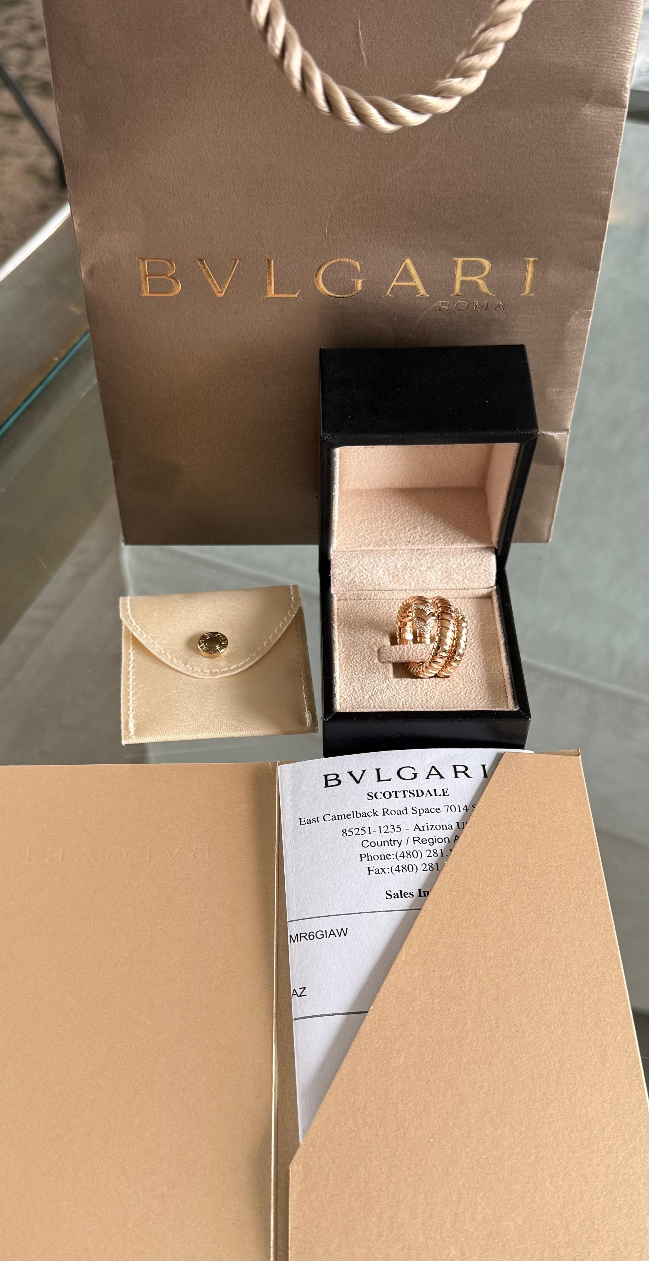 Women's or Men's Bvlgari 18K Rose Gold Diamond Serpenti Tubogas Band Ring Large Size For Sale
