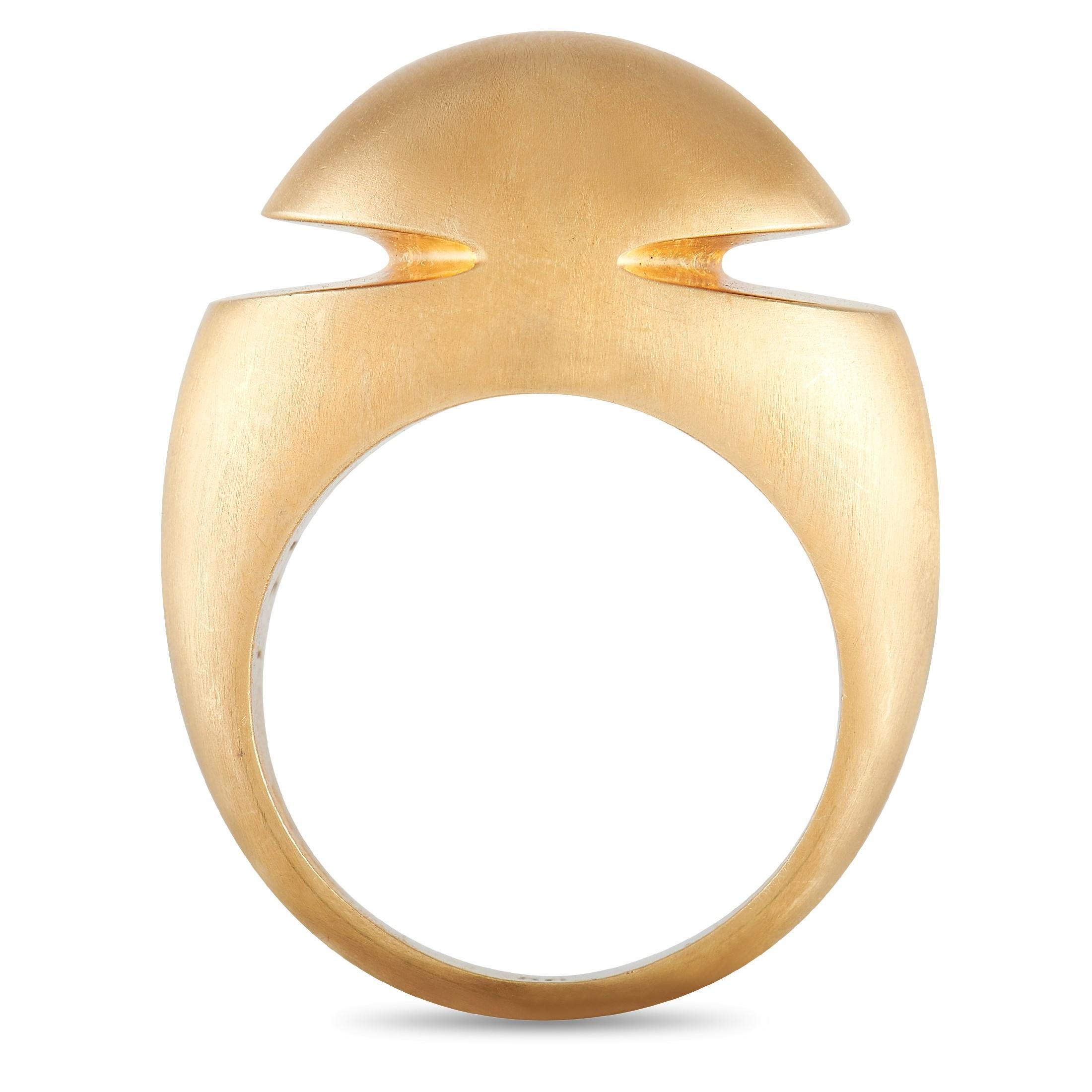 This 18K Rose Gold ring from Bvlgari celebrates the beauty of simplicity. Cut-out accents elevate this design’s sleek sense of sophistication. It features an 8mm wide band and an 11mm top height. 