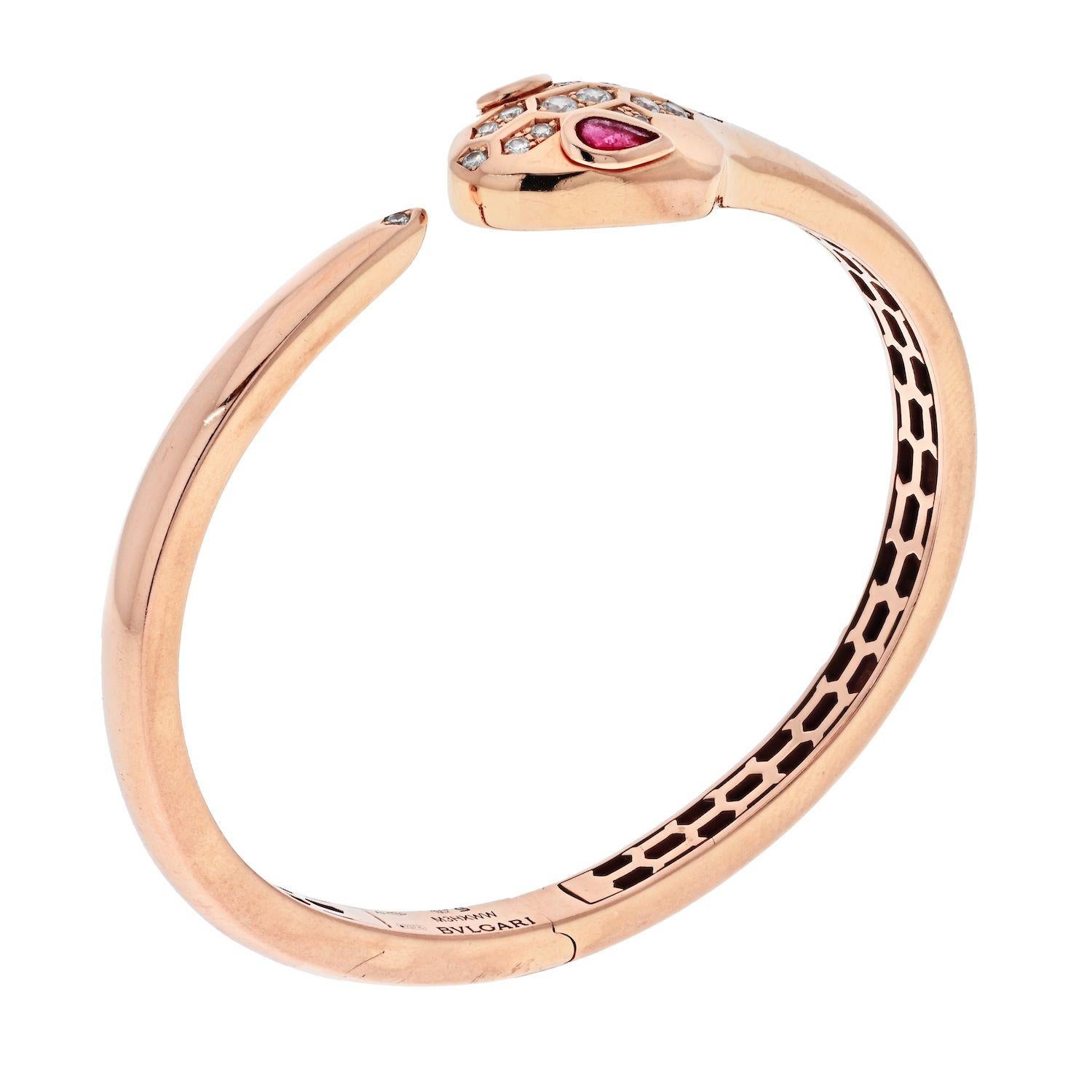 Round Cut Bvlgari 18K Rose Gold Serpenti Petite Diamond Snake Bangle Bracelet