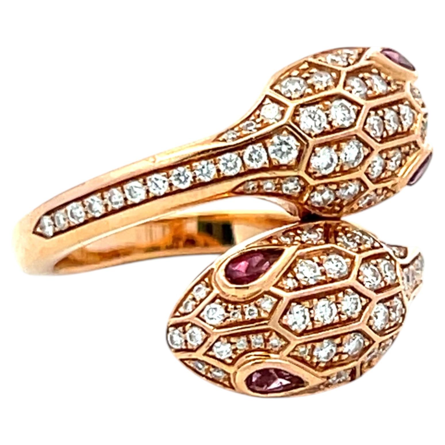 Pre-owned Bulgari Bvlgari 18k Rose Gold Serpenti Ring 0.59ct Round F Vs Diamonds & 0.2ct Rubellite In Red