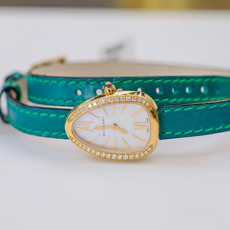 Bvlgari 18K Rose Gold Serpenti White Dial Leather Bracelet Diamond Ladies Watch For Sale 6
