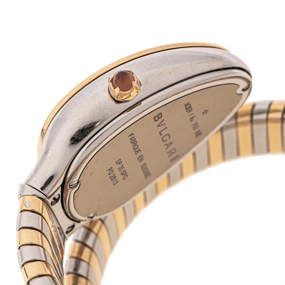 Exuding glamour and unique style, the Serpenti Tubogas quartz watch is an icon of the Bvlgari House. The 18K rose gold and stainless steel construction, spiraled twice, has its ends designed as the head and tail of a serpent. Wearable and chic, the