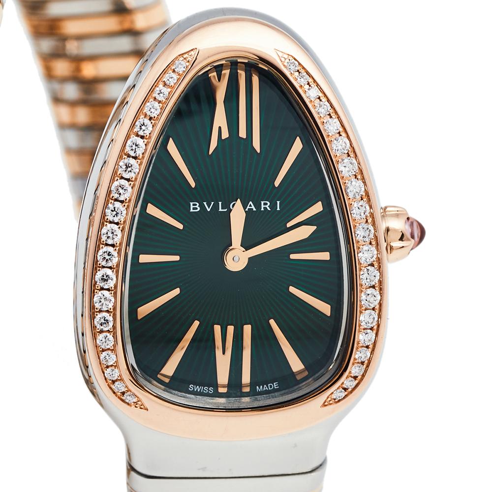 Exuding glamour and unique style, the wristwatch is a melange of Bvlgari's two most iconic designs: the Serpenti and Tubogas. The stainless steel and 18k rose gold body, spiraled thrice, features the fine lines of the Tubogas technique while its