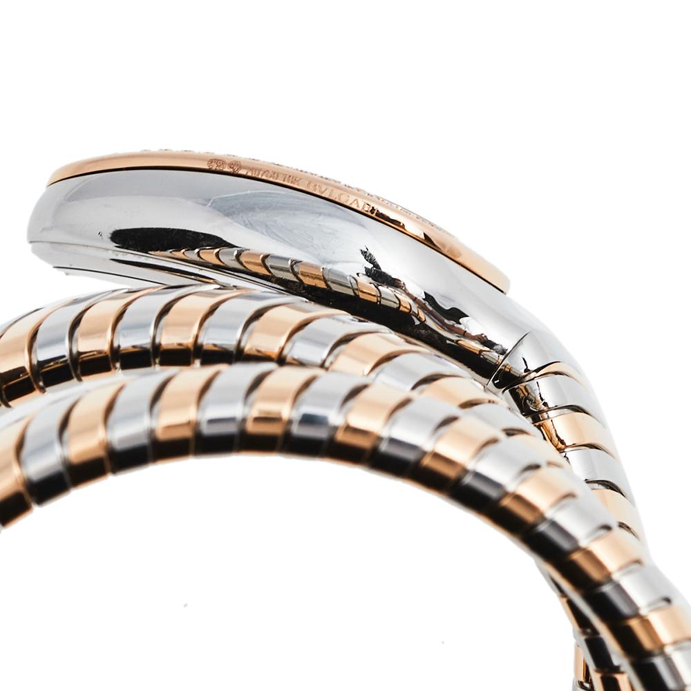 Bvlgari 18k Rose Gold Stainless Steel Diamonds Tubogas Women's Wristwatch 23mm In Good Condition In Dubai, Al Qouz 2