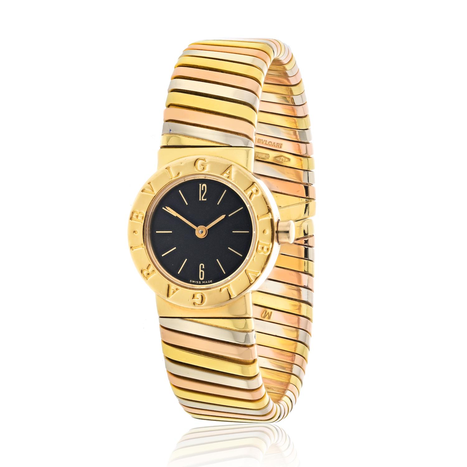 Indulge in the epitome of luxury with the Bvlgari Tubogas watch in 18K white and yellow gold. 

This masterpiece, driven by a precise quartz movement, boasts a refined 23mm case size that gracefully adorns your wrist. With a perfect fit for a 6-inch