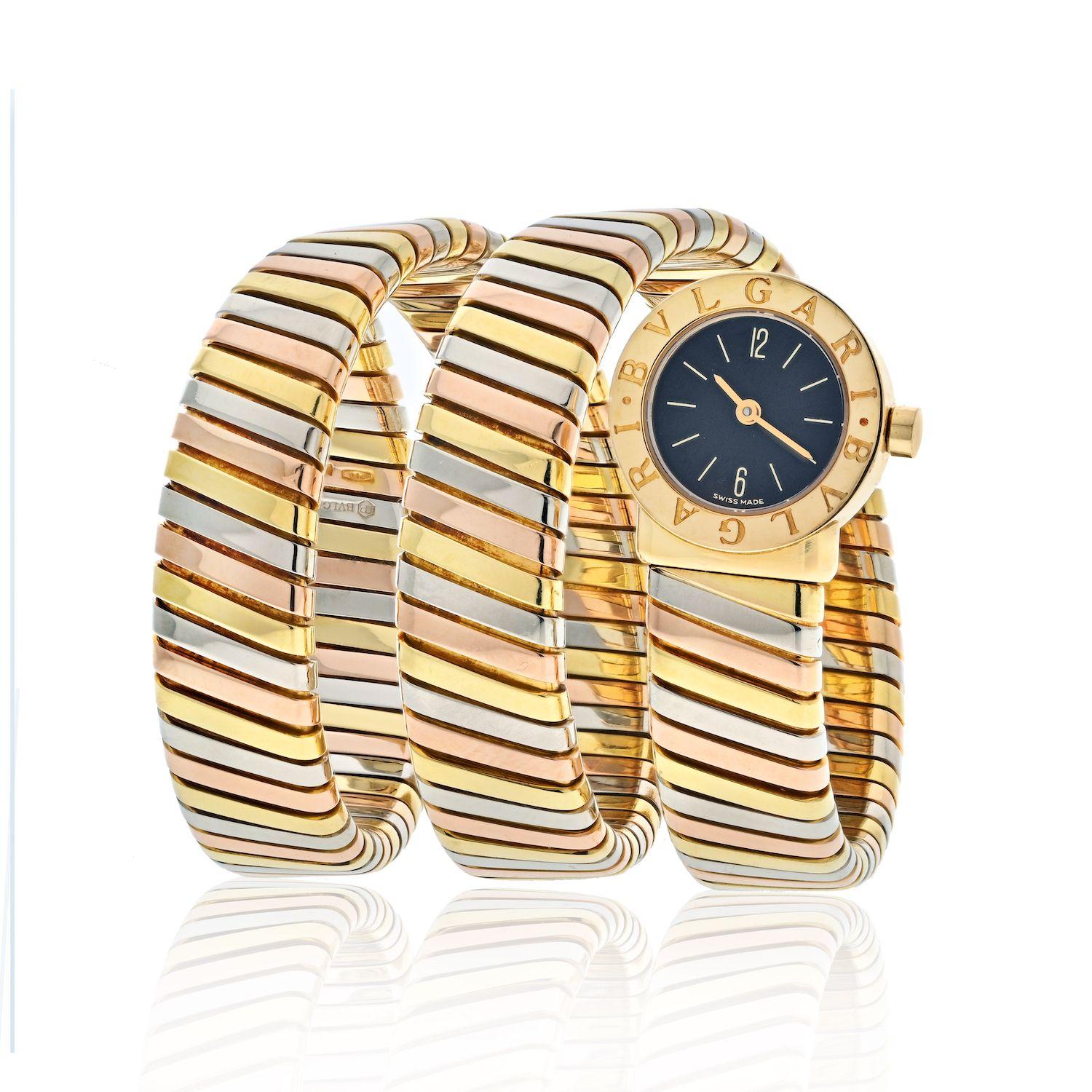 Bvlgari 18K Tri Color BB191T Tricolor Tubogas Watch.

This timepiece has become iconic almost the same time it came out. Now after so many years later the house of Bvlgari is bringing this particular model back. Extremely hard to come by in the