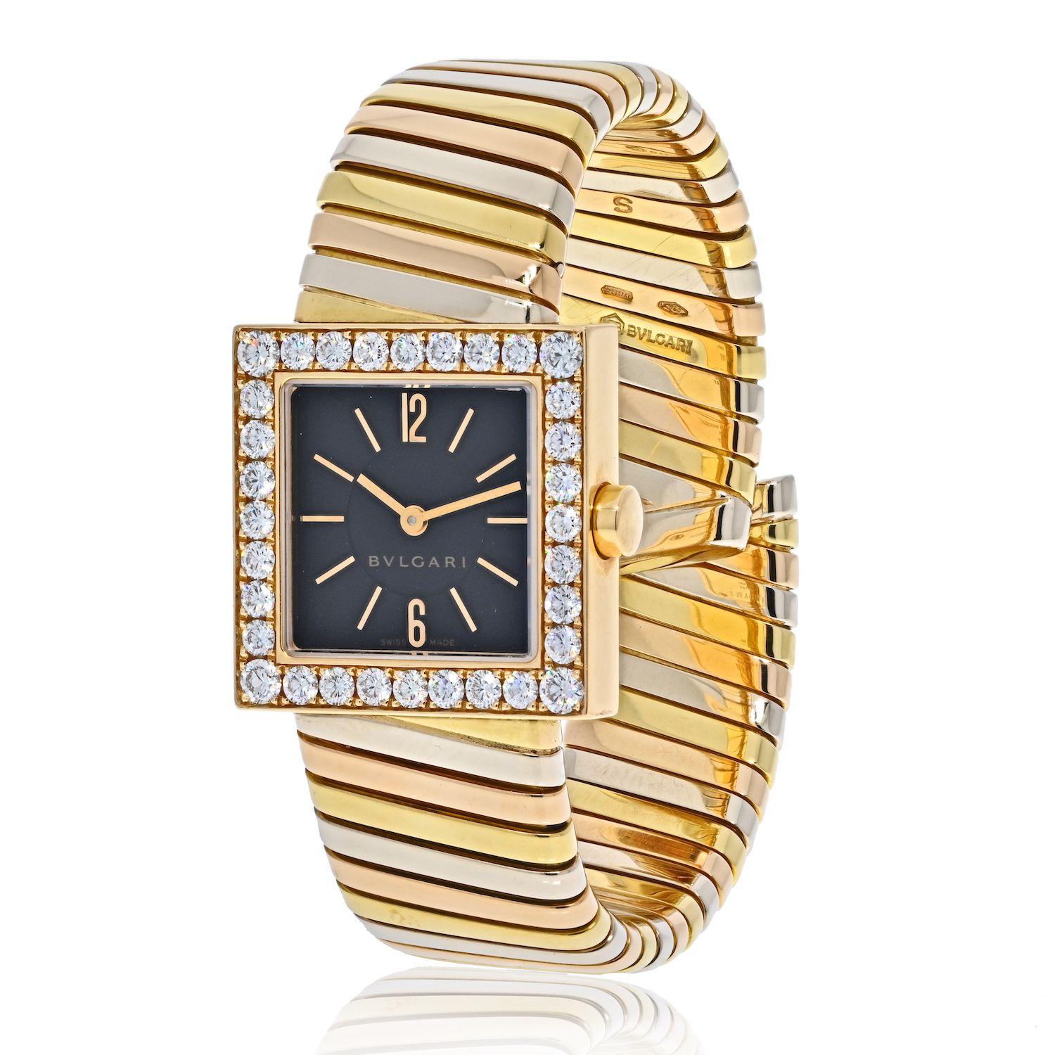 Ladies Bvlgari 18K Tri Color Square Diamond Bezel Tubogas SQ 222 T Watch. Excellent condition, this watch offers the look that became a classic and stayed classic since 1980's. Tubogas bracelet is in great shape and has little to no slack. Diamonds