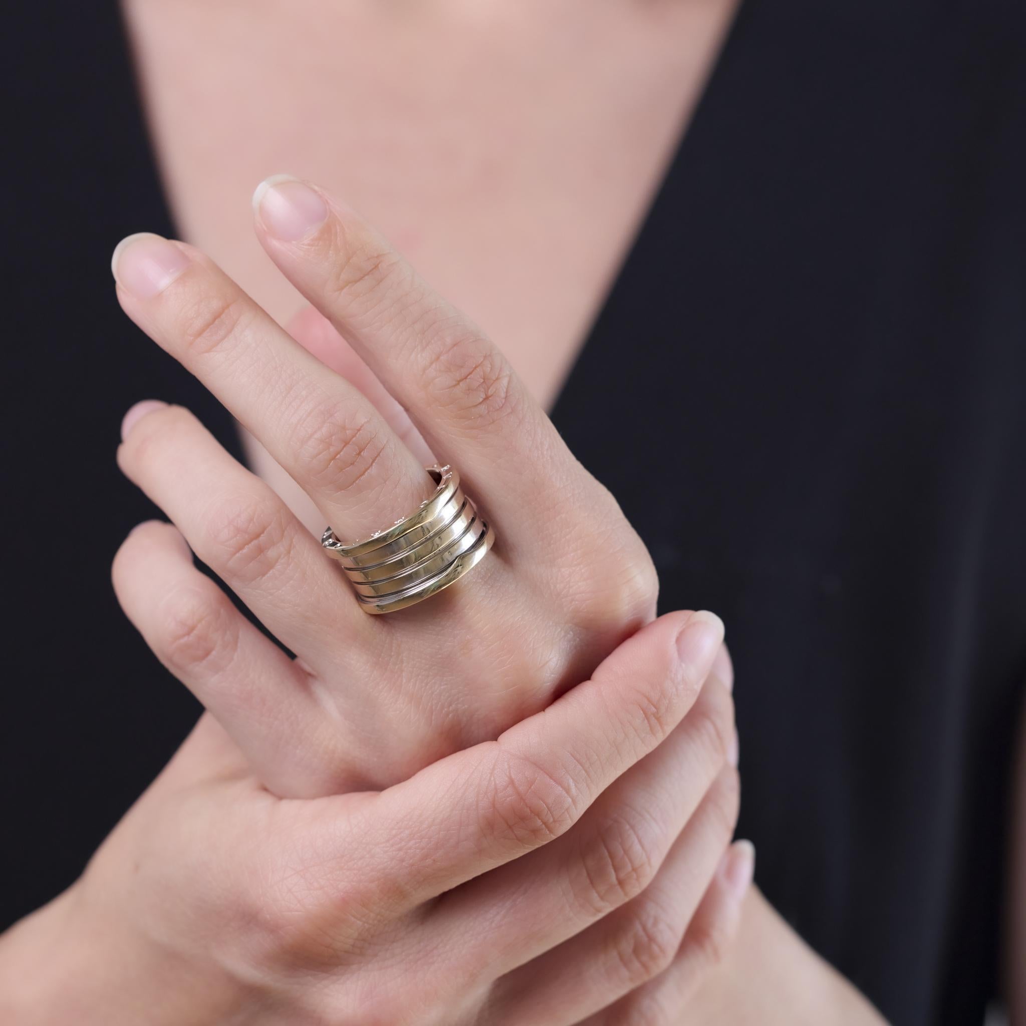 This vintage Bvlgari ring from the 1990s is crafted in 18k white gold, showcasing the house's signature bold and refined aesthetic. With clean lines and substantial form, the piece is hallmarked with Bvlgari’s signature, purity mark, serial number,