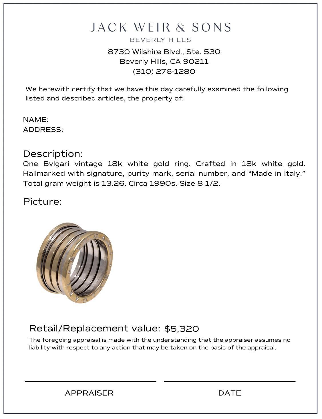 Bvlgari 18k white gold 5 band B0 ring en venta 1