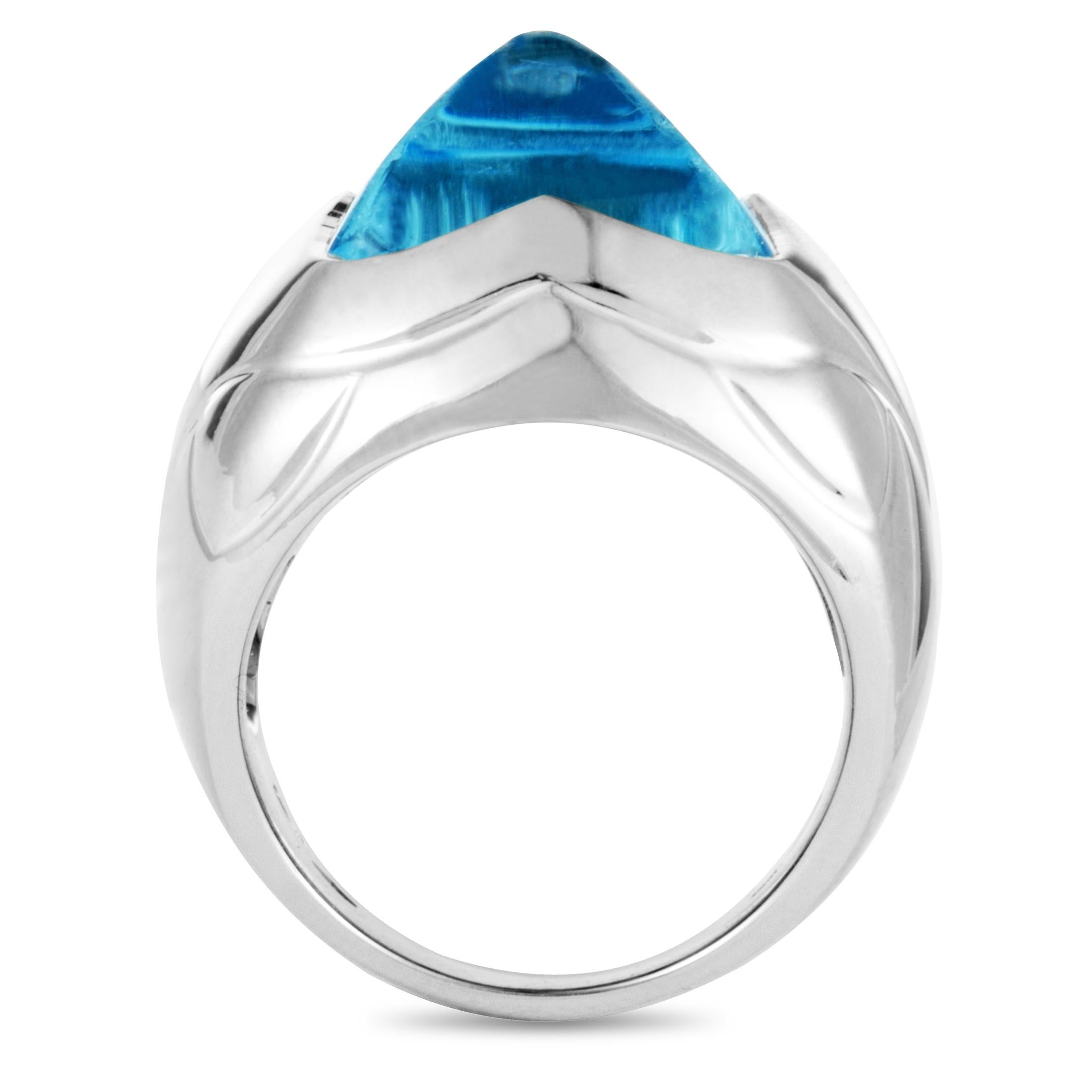 The mystical allure of the delightful topaz is splendidly elevated by the elegant sheen of 18K white gold in this wonderful ring from Bvlgari that boasts an incredibly attractive appeal.
 Ring Top Dimensions: 13mm x 13mm