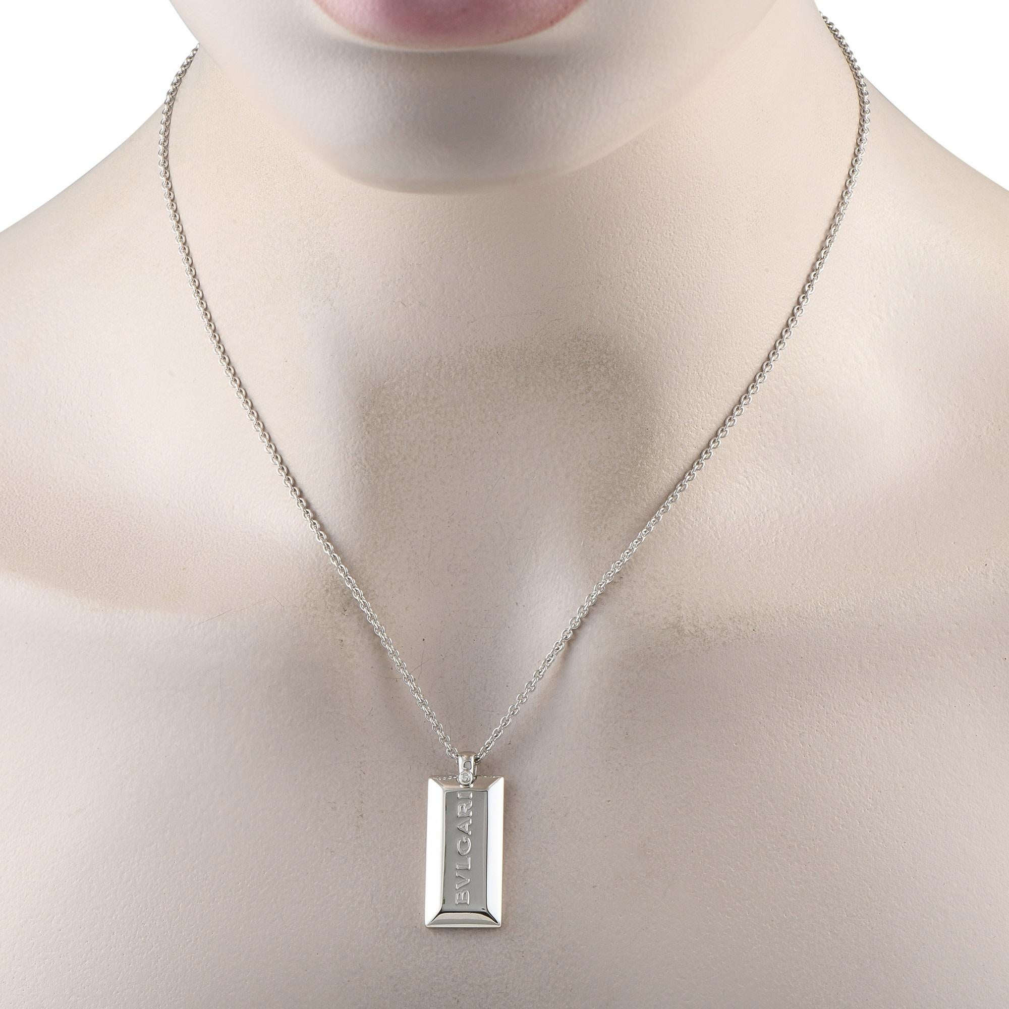 A go-to essential for those who appreciate quiet luxury. The Ingot Bar necklace from Bvlgari features a rectangular block pendant in solid 18K white gold. It suspends from a 17.5-inch-long chain with a secure lobster clasp.Offered in estate