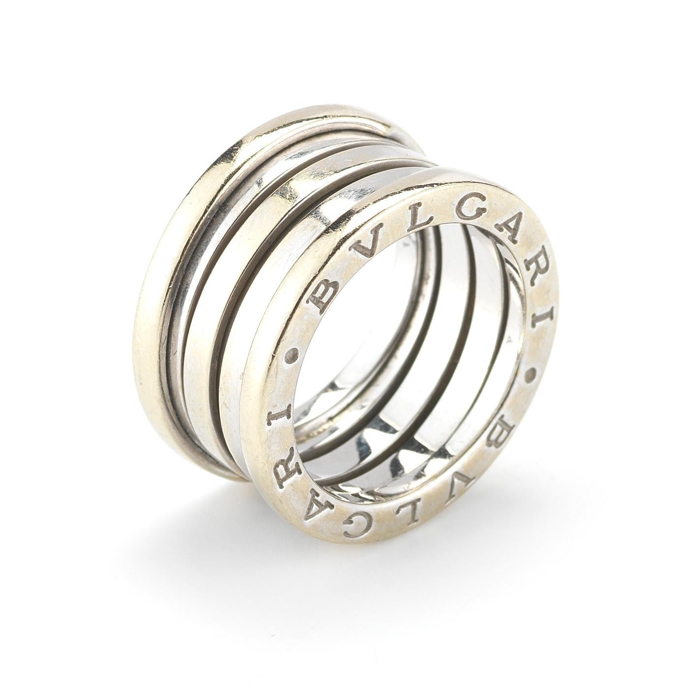 The Bulgari B.Zero1 four-band ring in 18 karat white gold draws inspiration from Rome's Colosseum. Size 5.5 (European 51).