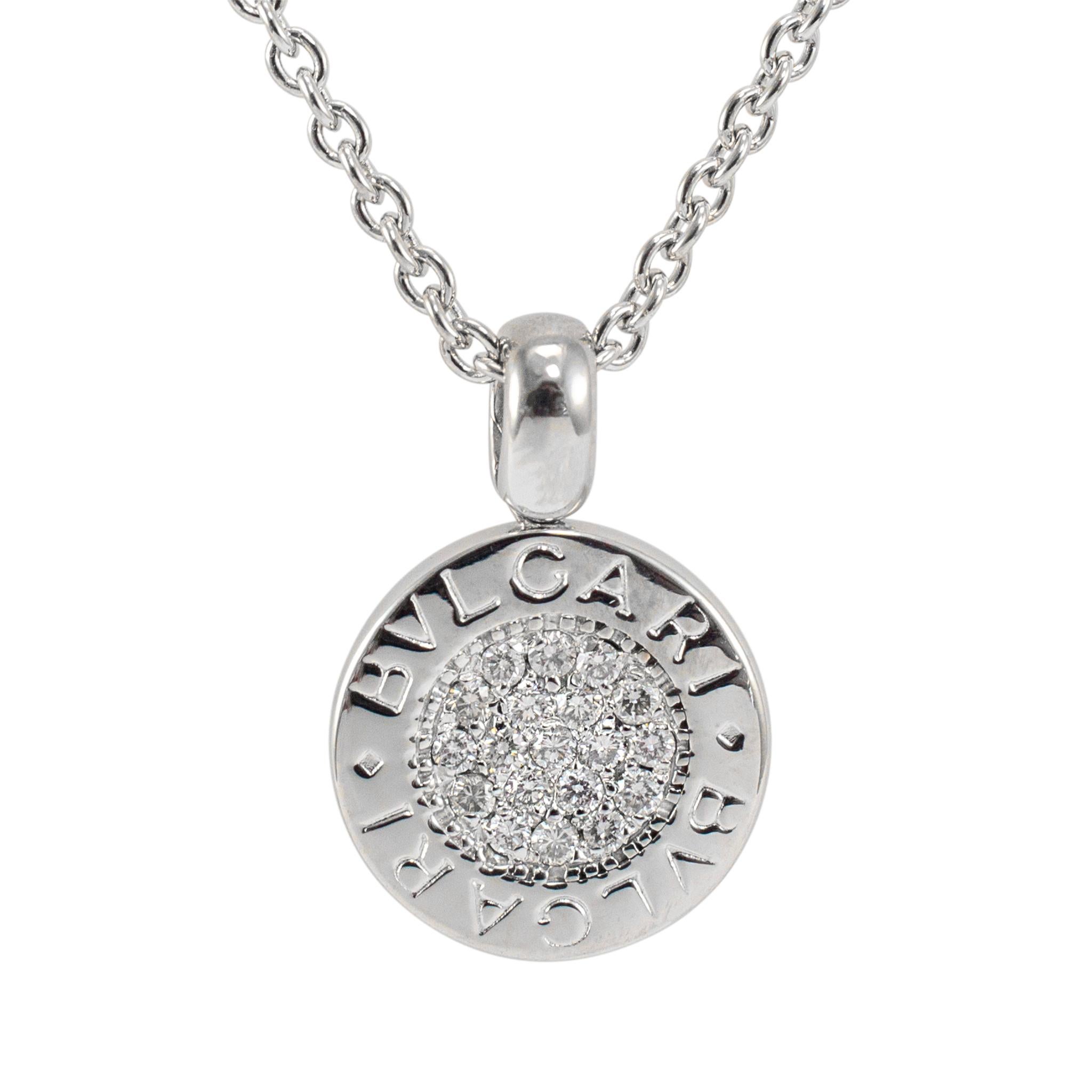 Brand: Bvlgari 

Gender: Ladies 

Metal Type: 18K White Gold 

Length: 16.00 inches

Weight: 9.85 grams

One ladies 18K white gold single-strand diamond contemporary-style necklace. The metal was tested and determined to be 18K white gold. Engraved