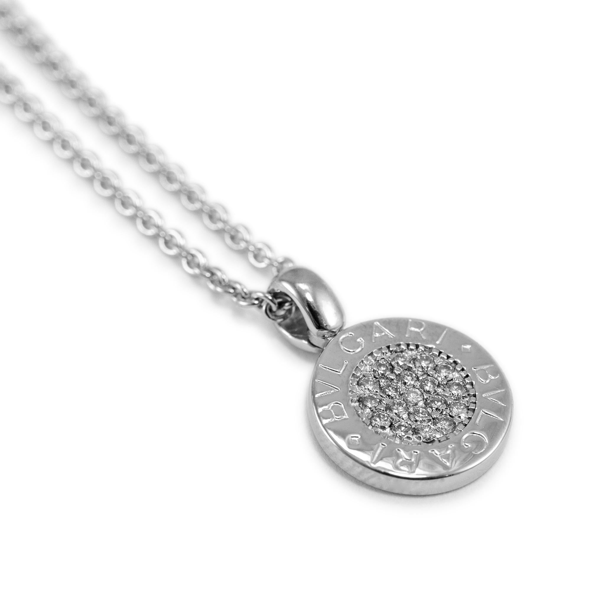 Round Cut Bvlgari 18K White Gold Circle Pave Diamond Pendant Necklace For Sale