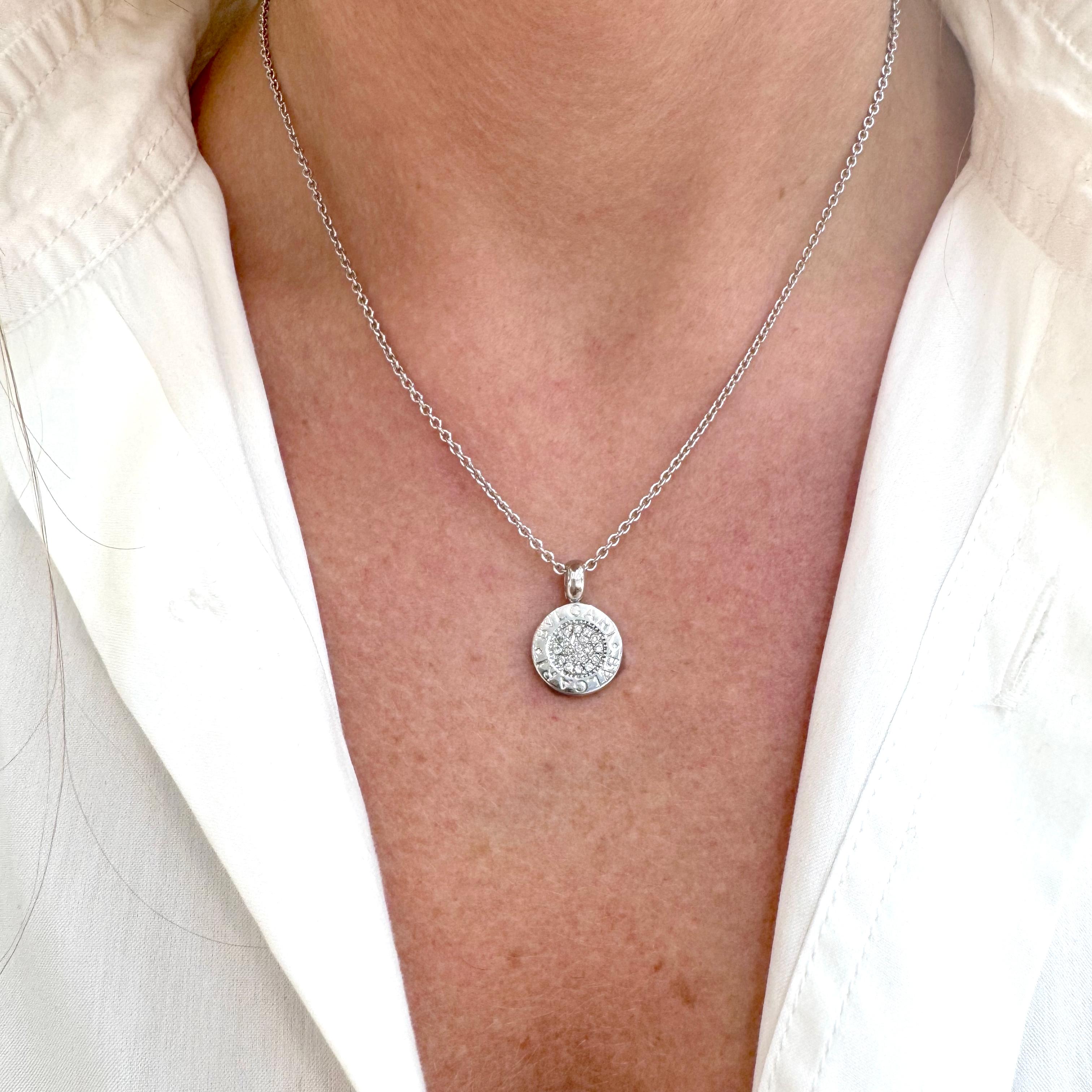 Bvlgari 18K White Gold Circle Pave Diamond Pendant Necklace For Sale 2