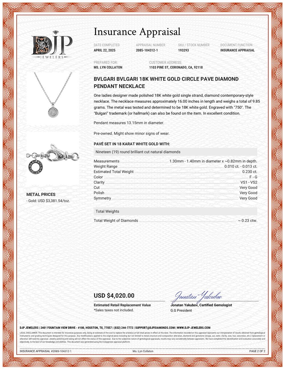 Bvlgari 18K White Gold Circle Pave Diamond Pendant Necklace For Sale 3