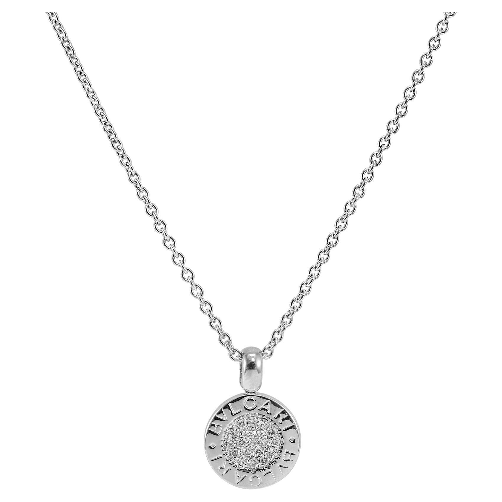Bvlgari 18K White Gold Circle Pave Diamond Pendant Necklace