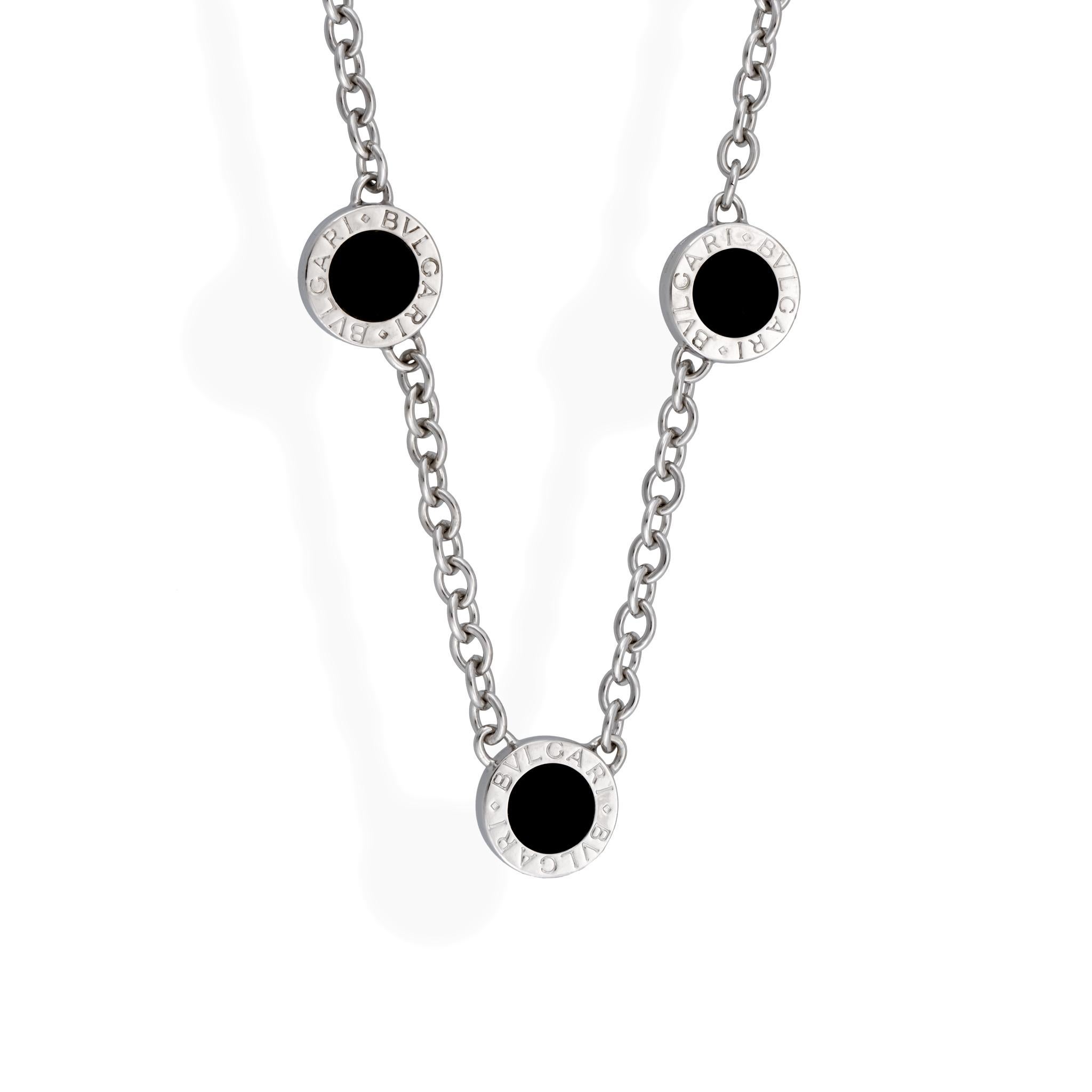 Round Cut Bvlgari 18 Karat White Gold Diamond and Onyx 3 Circle Station Necklace