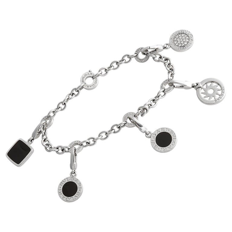 Bvlgari 18K White Gold Diamond and Onyx Charm Bracelet For Sale at 1stDibs