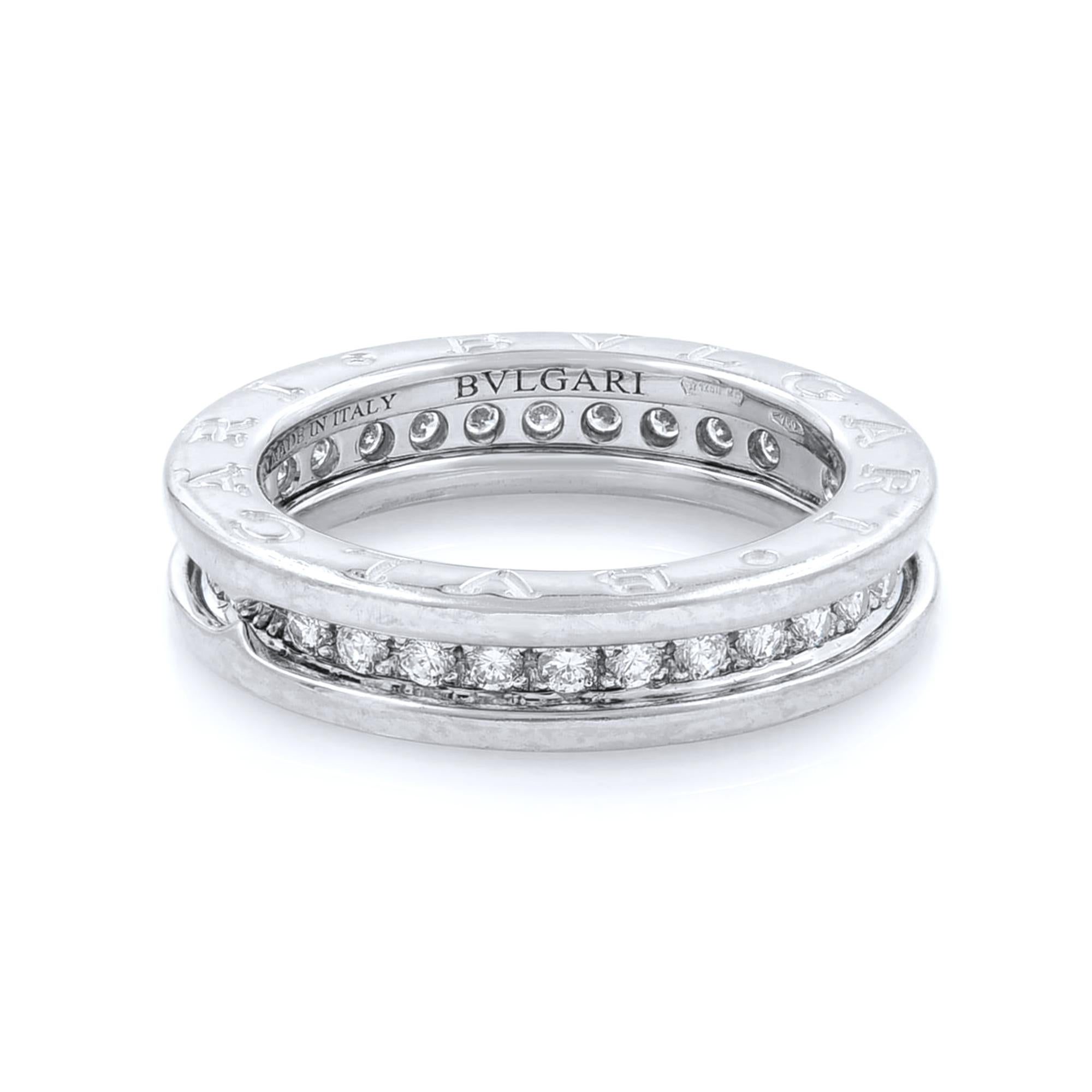 Bvlgari 18K White Gold Diamond Ring SZ5.25

The B.Zero1 1 band diamond ring is a signature piece from the legendary jewelry design house Bvlgari. It features a clean, modern design that features 18k white gold with stunning sparkling diamonds