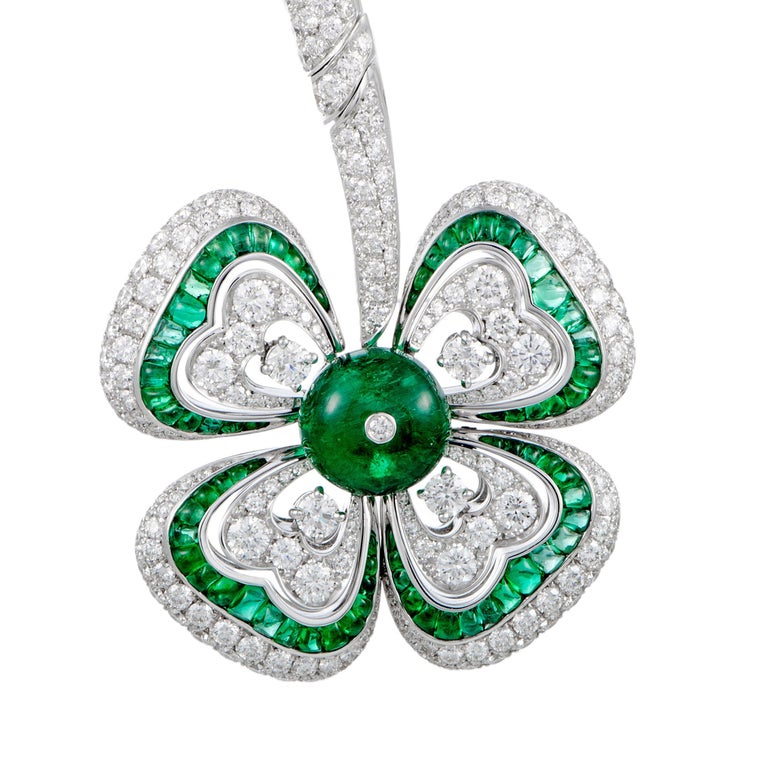 Bvlgari 18 Karat Gold Full Diamond Pave and Emerald Flower Pendant Necklace In New Condition In Southampton, PA