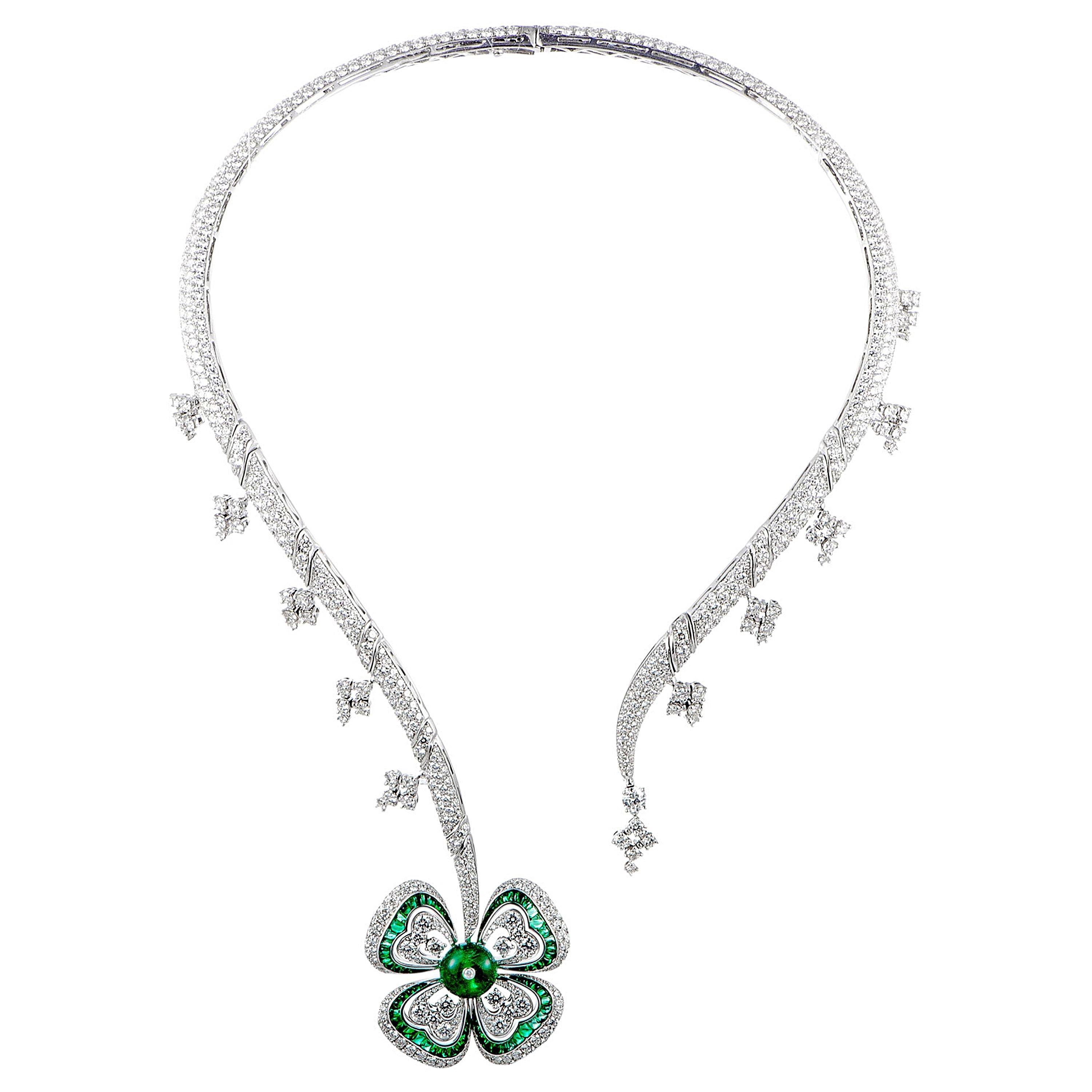 Bvlgari 18 Karat Gold Full Diamond Pave and Emerald Flower Pendant Necklace