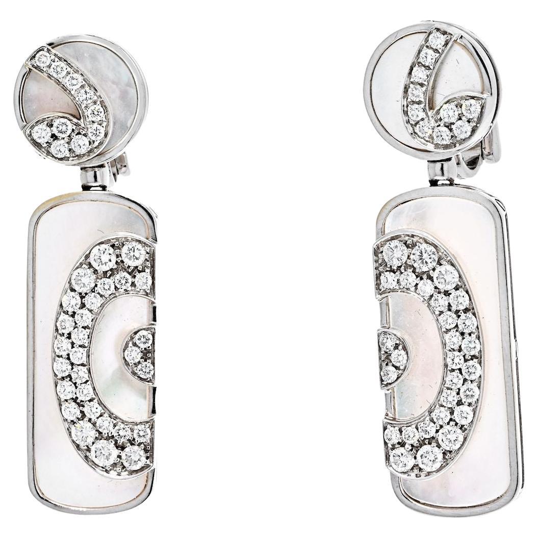 Bvlgari 18K White Gold Illusion Mother of Pearl and Diamond Dangling Earrings For Sale