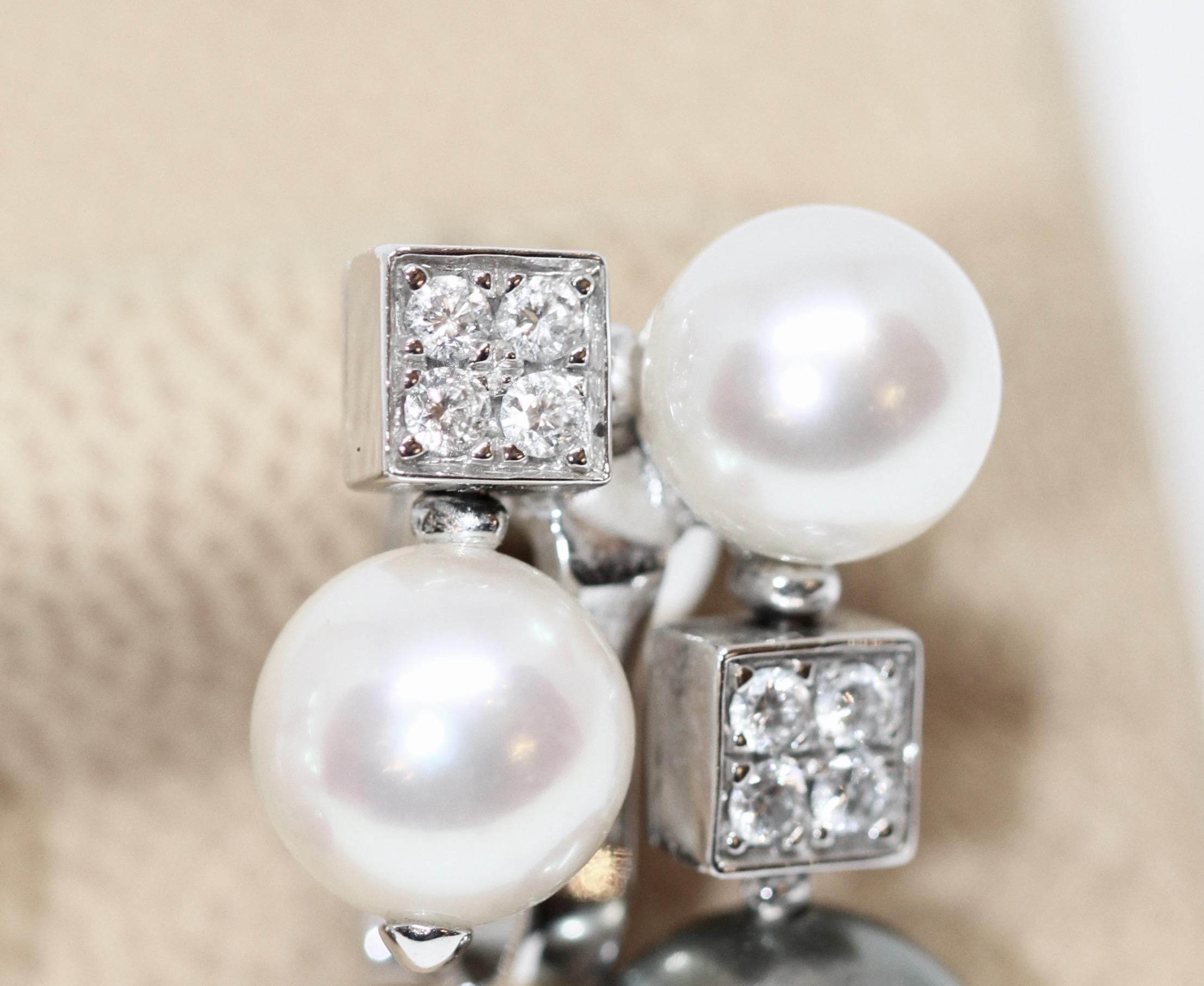 Brilliant Cut Bvlgari 18 Karat White Gold Lucea Cultured Pearl Diamond Earrings