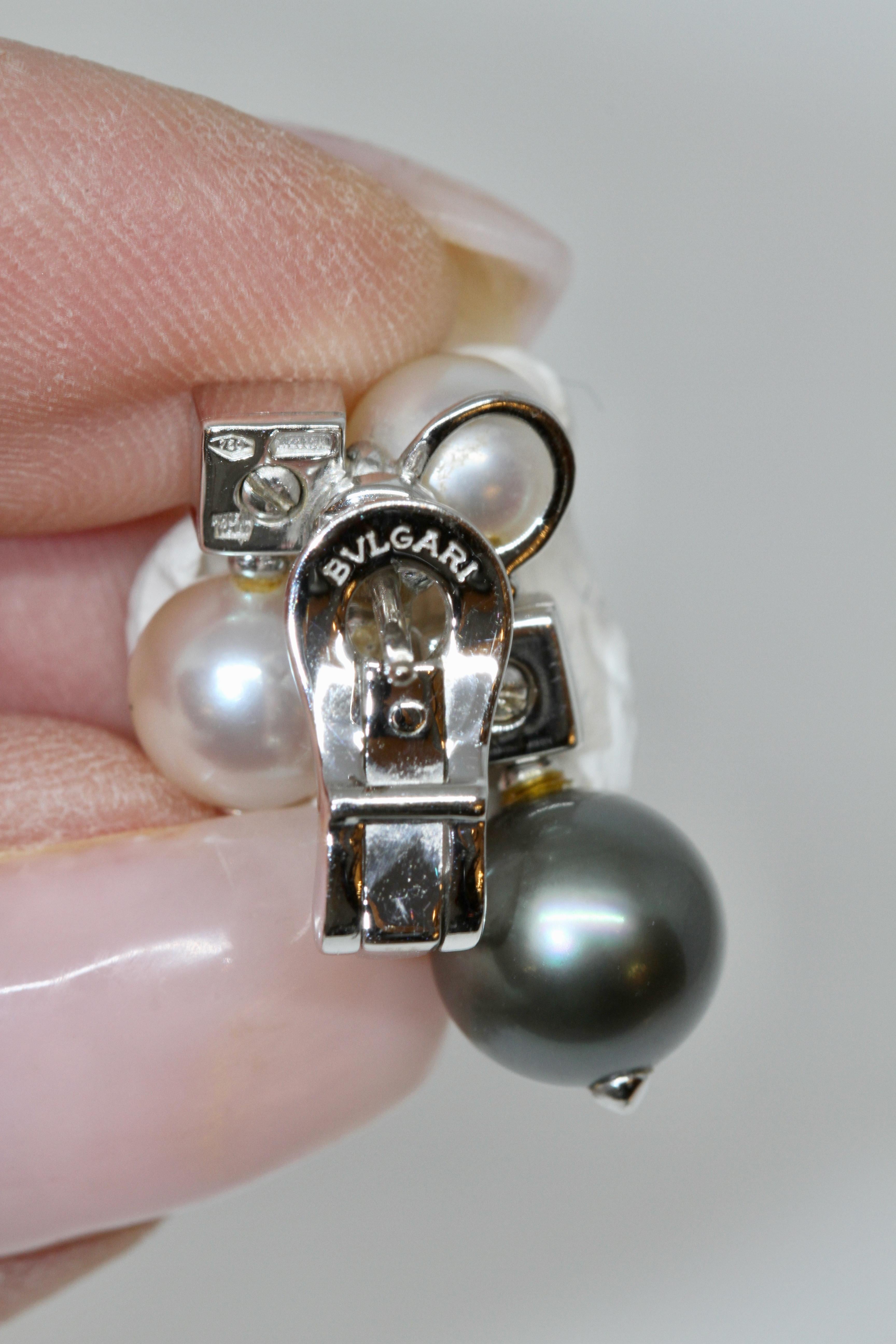 Bvlgari 18 Karat White Gold Lucea Cultured Pearl Diamond Earrings In Good Condition In Geneva, CH