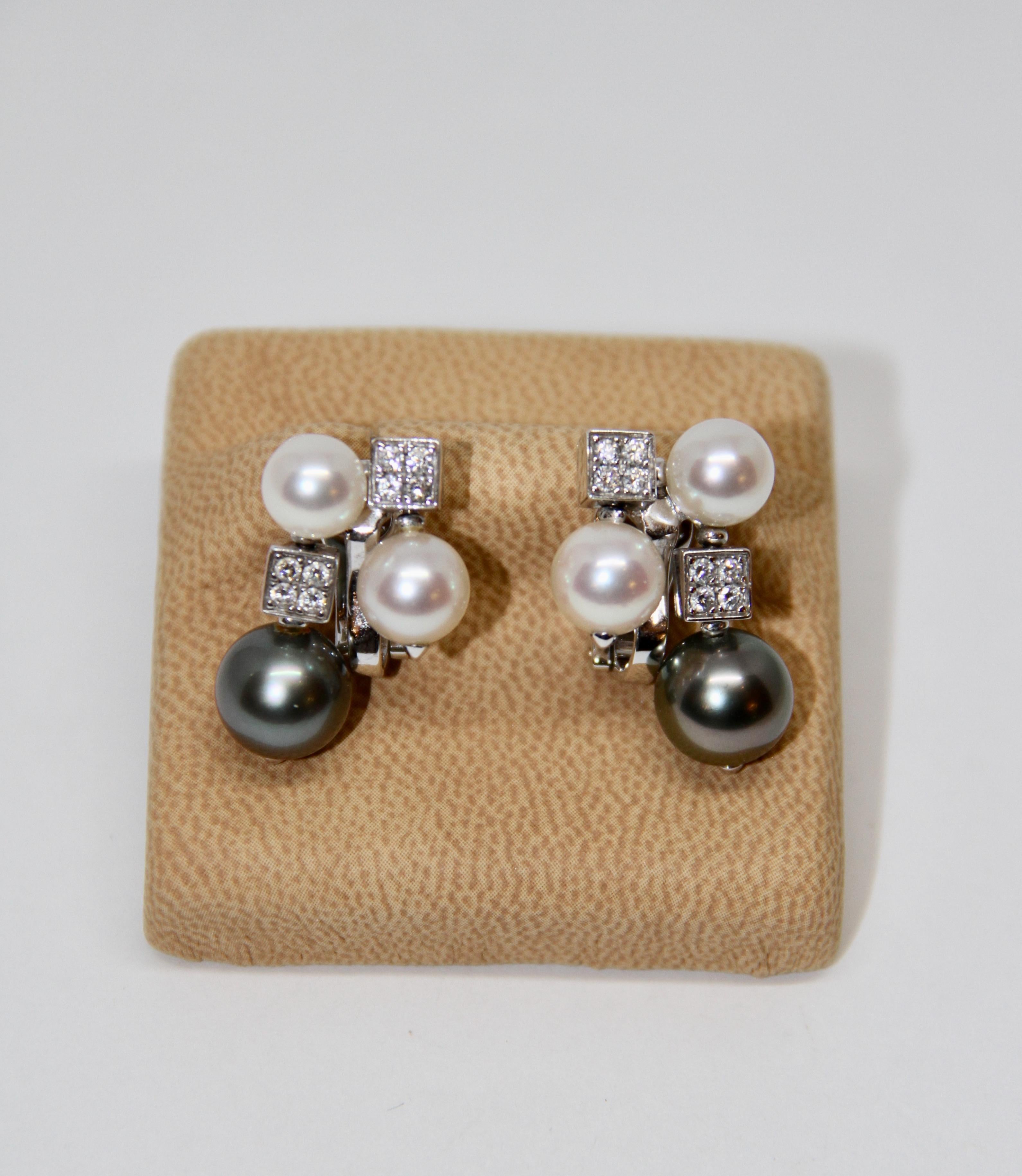 Women's Bvlgari 18 Karat White Gold Lucea Cultured Pearl Diamond Earrings
