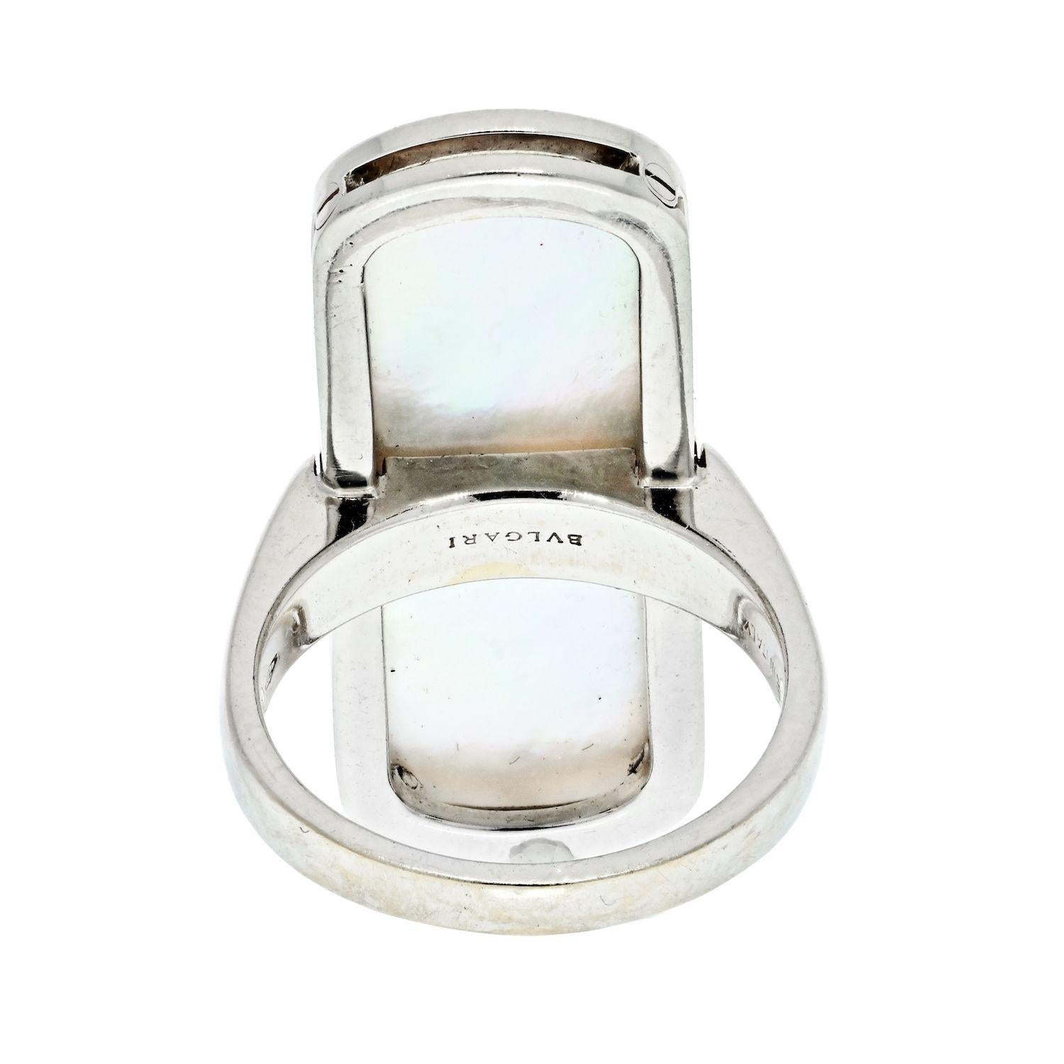 Modern Bvlgari 18K White Gold Mother of Pearl Illusion Diamond Cocktail Ring For Sale