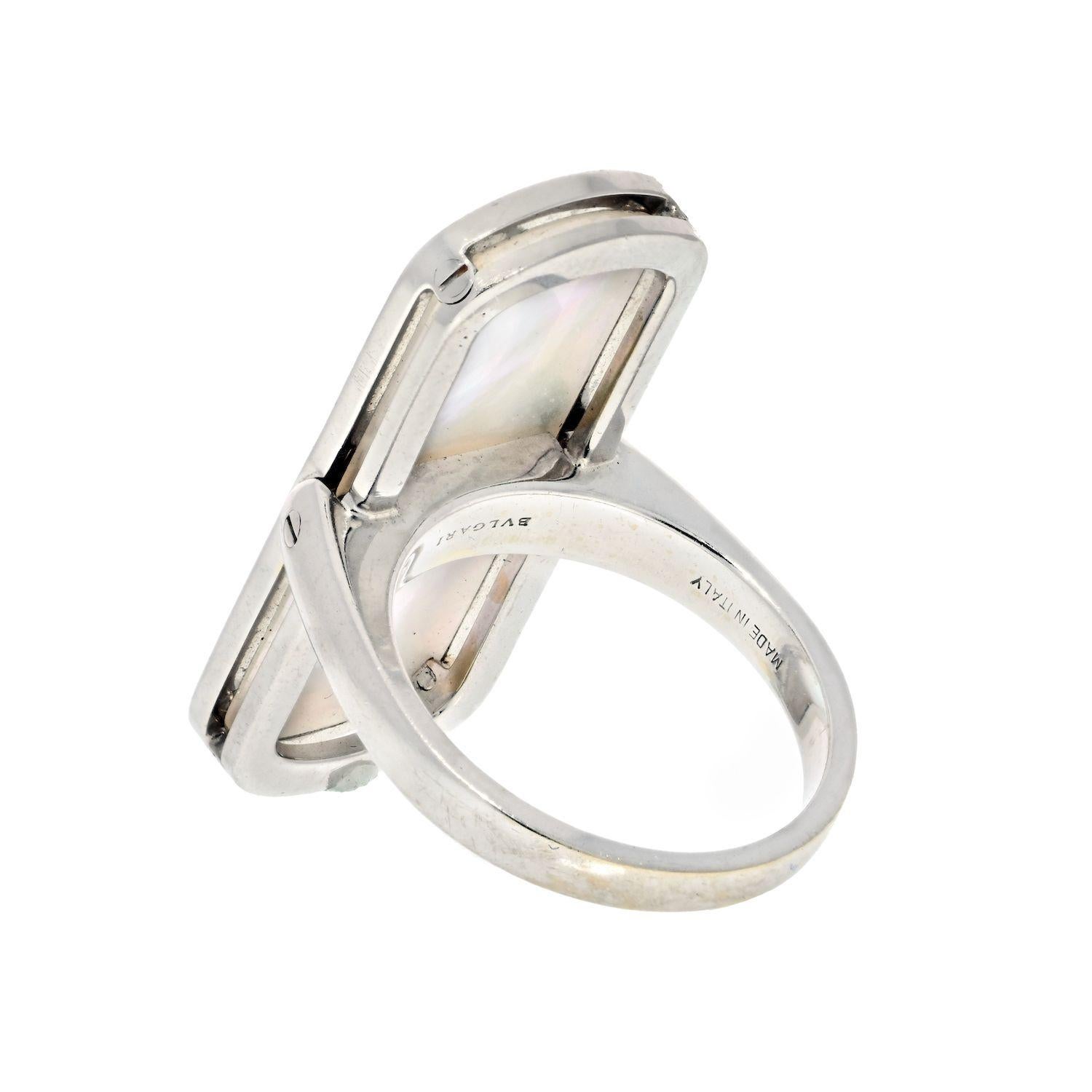 Round Cut Bvlgari 18K White Gold Mother of Pearl Illusion Diamond Cocktail Ring For Sale