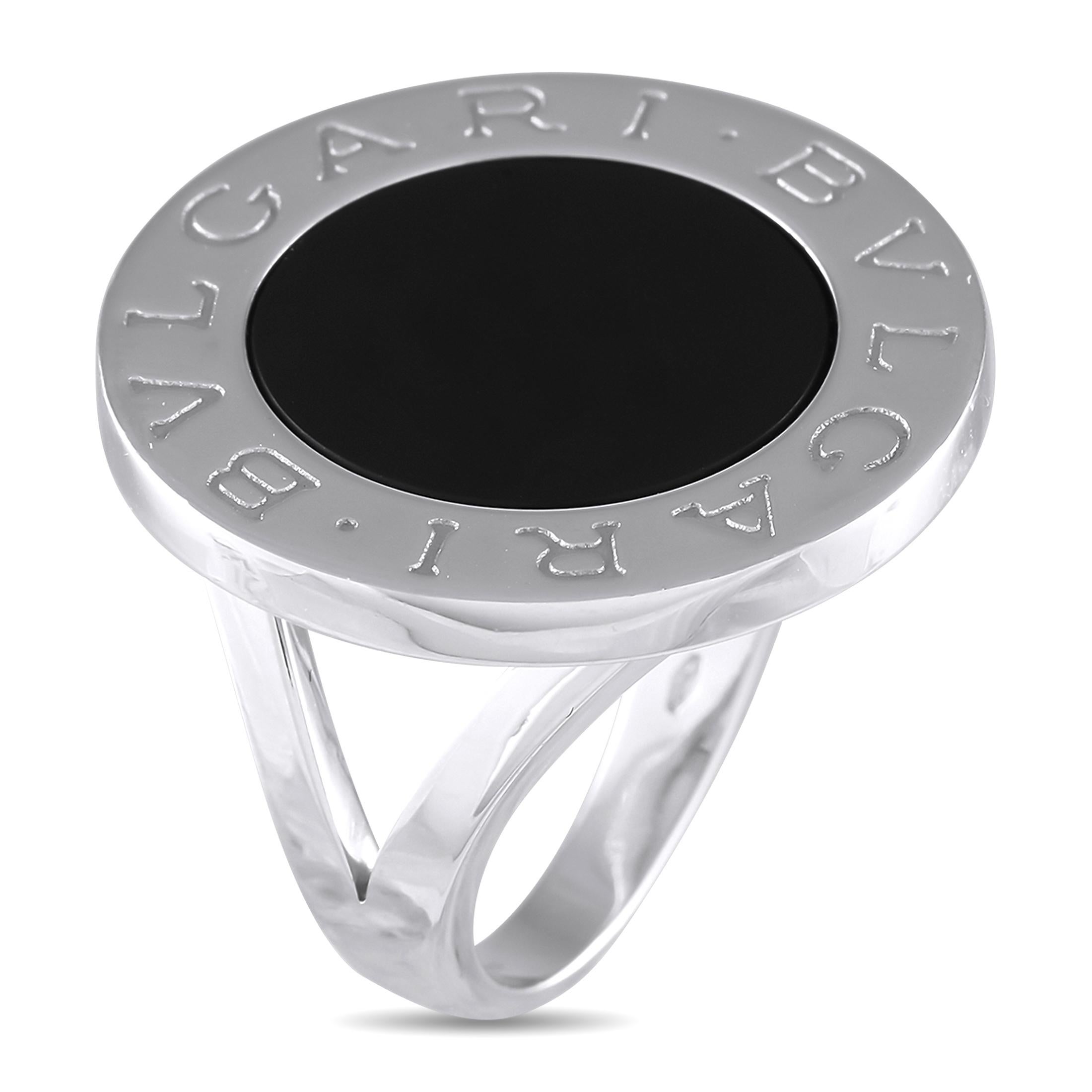 This Bvlgari Ring is impossible to ignore. The sleek, sophisticated circular setting features the luxury brands signature engraved around a captivating Onyx gemstone. A 5mm wide band and a 6mm top height makes this piece perfect for any