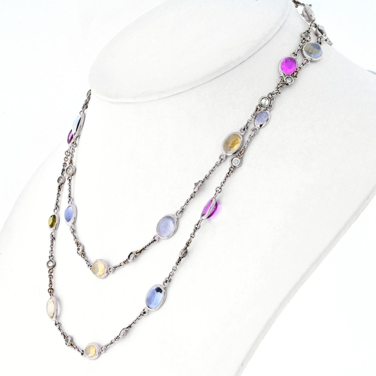 This effortlessly chic, ready-to-wear necklace by Bvlgari features gemstones and diamonds. 
From the Parentesi collection this chain necklace is of fine Italian quality.
This modern diamond and gemstone white gold chain will bring movement and