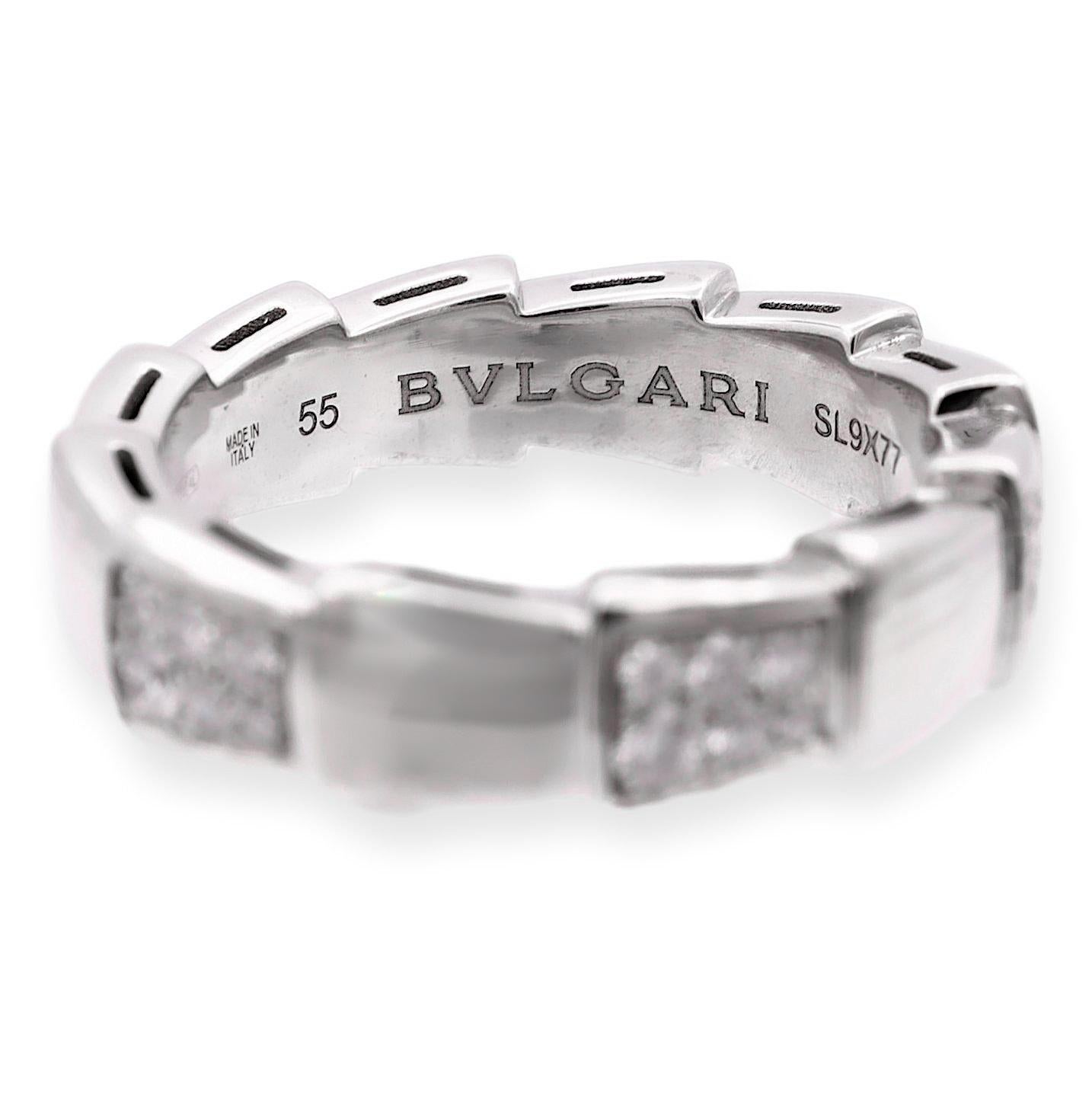 Presenting the Bvlgari Serpenti Viper Ring—a mesmerizing embodiment of opulence and artistry. Crafted from exquisite 18K white gold, this ring exudes luxury from every angle. Its sleek design, measuring 6mm in width, gracefully wraps around the
